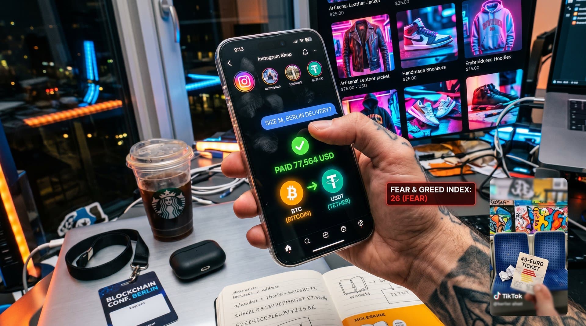 Smartphone mit Square AI Agent im Instagram Shop und Krypto-Zahlungen