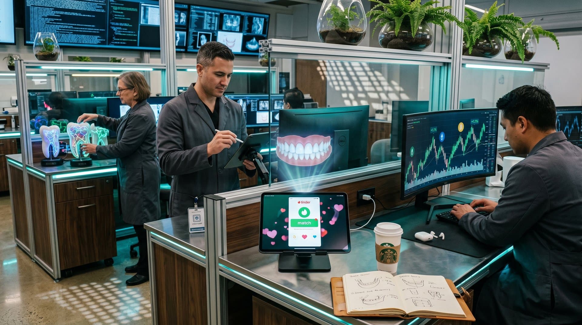 Futuristisches Lab mit AI-optimierten 3D-Zahnmodellen, Tinder-Swipes und steigenden Crypto-Charts