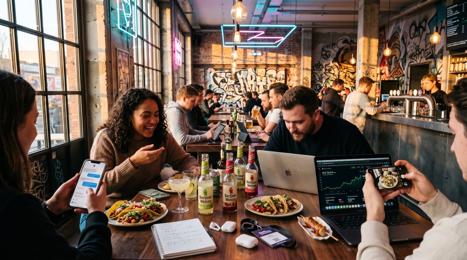 Freunde in Berliner Bar mit AI-Chats und Krypto-Charts auf Smartphones