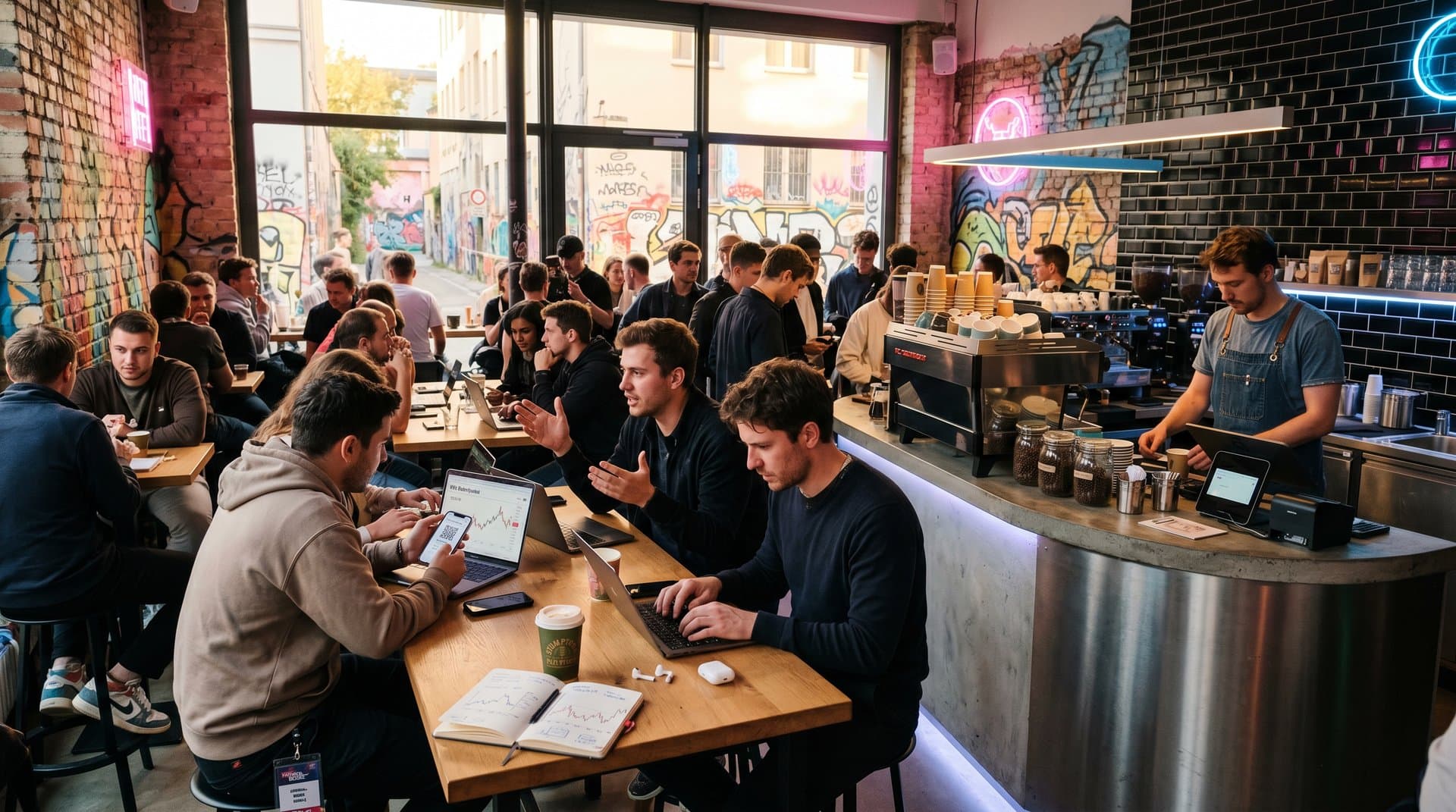 Junge Erwachsene nutzen KI für Einkäufe in Berliner Café mit Crypto-Elementen