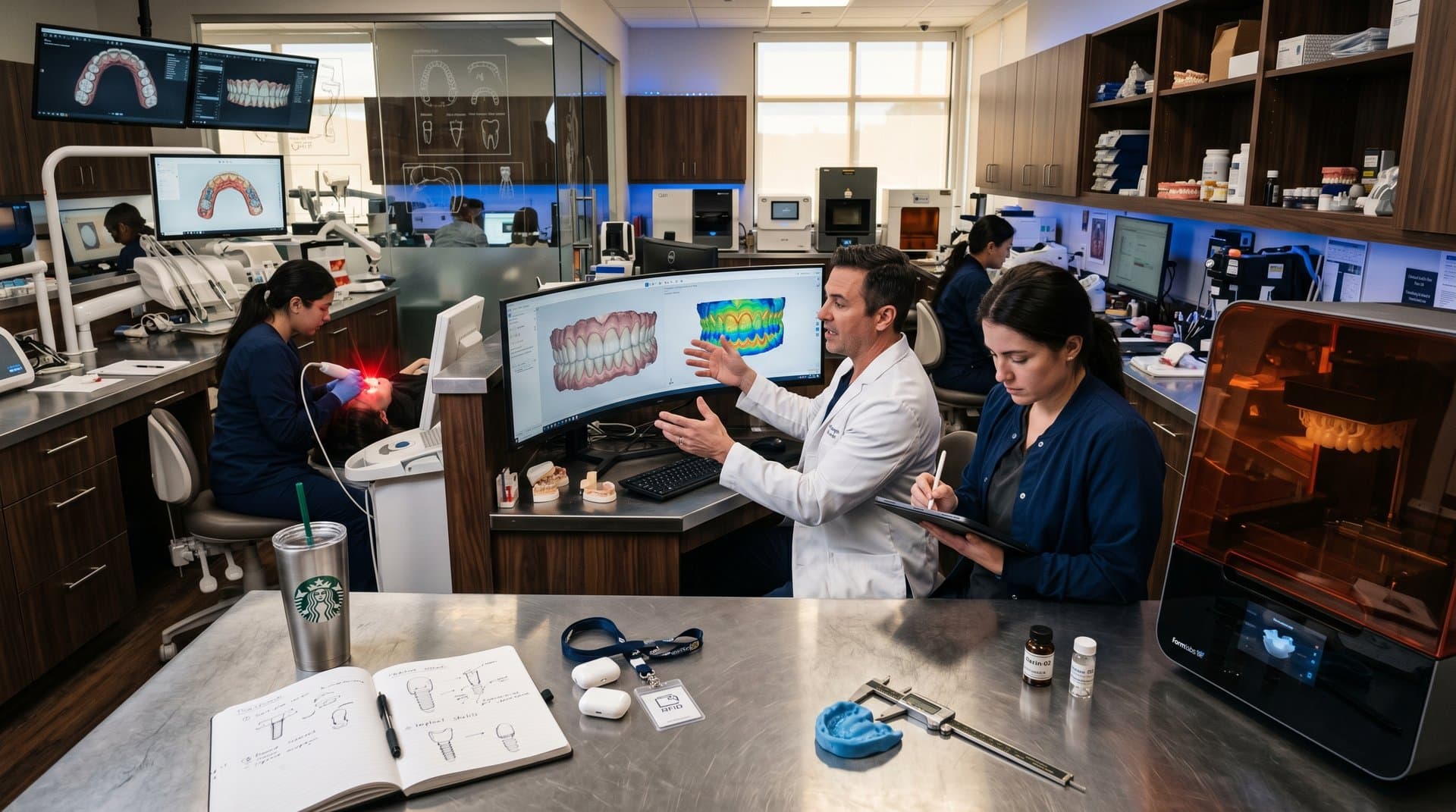 3D-Rendering perfektes Lächeln mit AI Dental CAD auf Bildschirmen, Scanner und Drucker im modernen Lab, High-Tech-Atmosphäre
