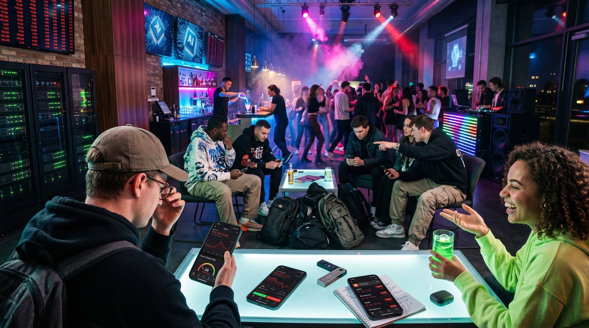 Junge Leute in Tech-Lounge mit Crypto-Apps, Date und Party mit fallenden AI- und Crypto-Charts