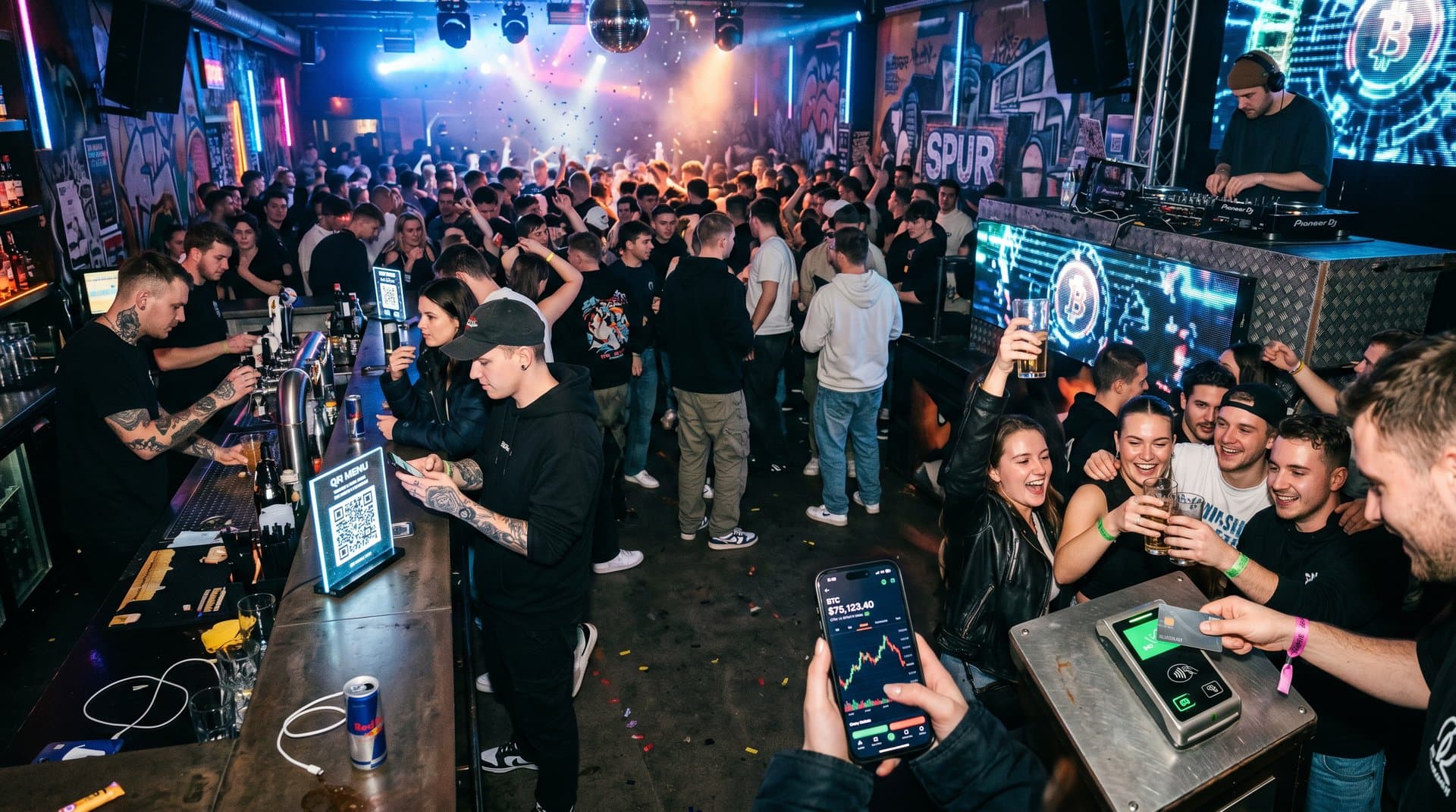 Junge Leute in Berlin-Club flexen mit Bitcoin-Wallets und Fear & Greed Index bei Party