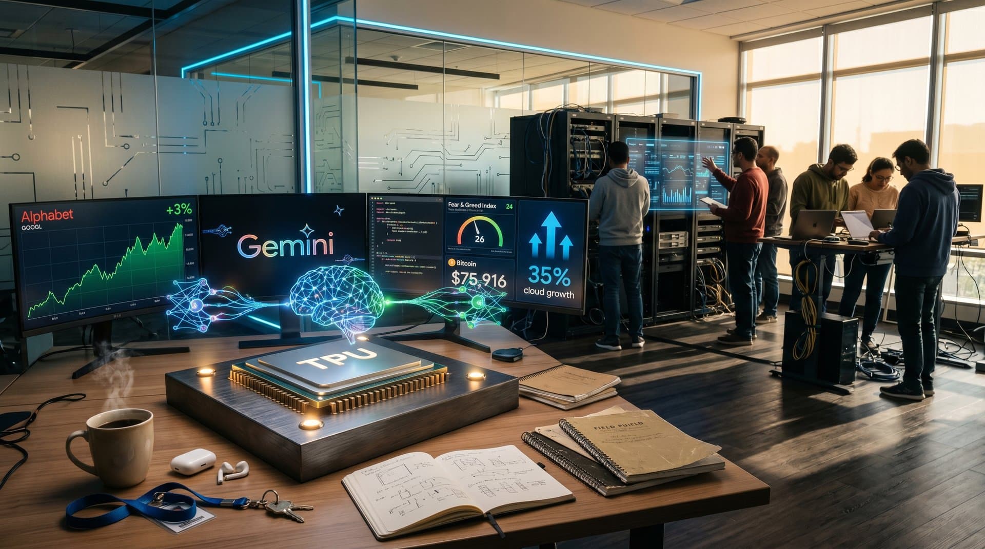 Abstraktes Tech-Labor mit AI-Visualisierungen, TPU-Chips und steigenden Graphen auf Monitoren in modernem Design