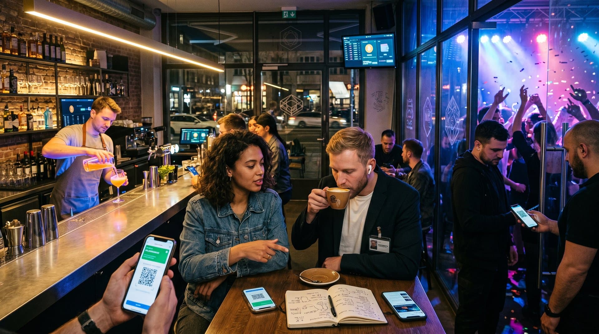 Junge Leute zahlen Club-Eintritt mit Bitcoin-Wallet in Berliner Party-Szene