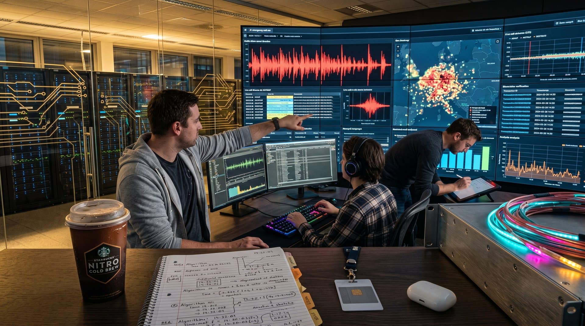 Data Center Control Room mit KI-Dashboards für Notrufsysteme und Crypto-Charts