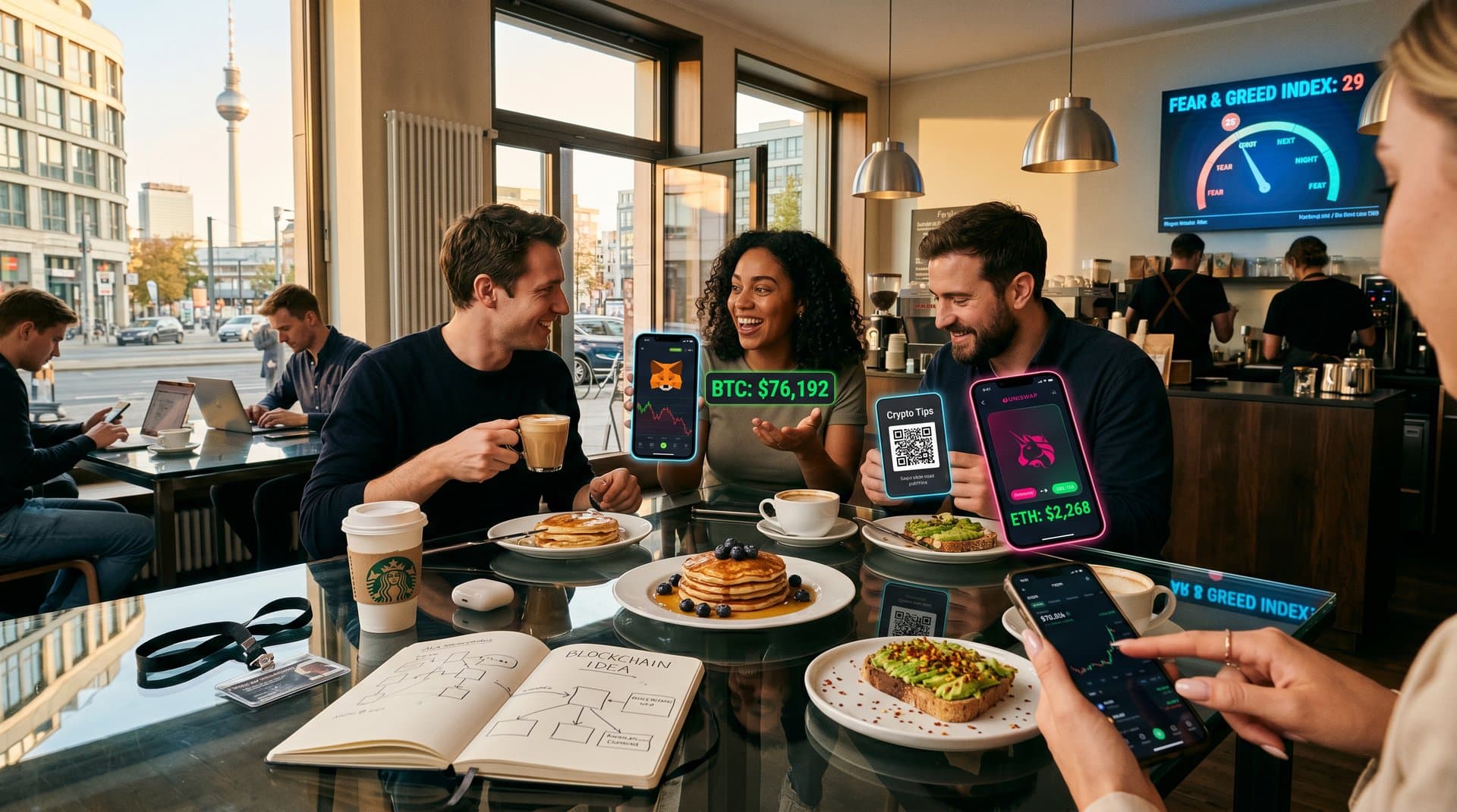 Abstrakte Crypto-Social-Szene mit Brunch, Dates und Blockchain-Elementen für junge Deutsche