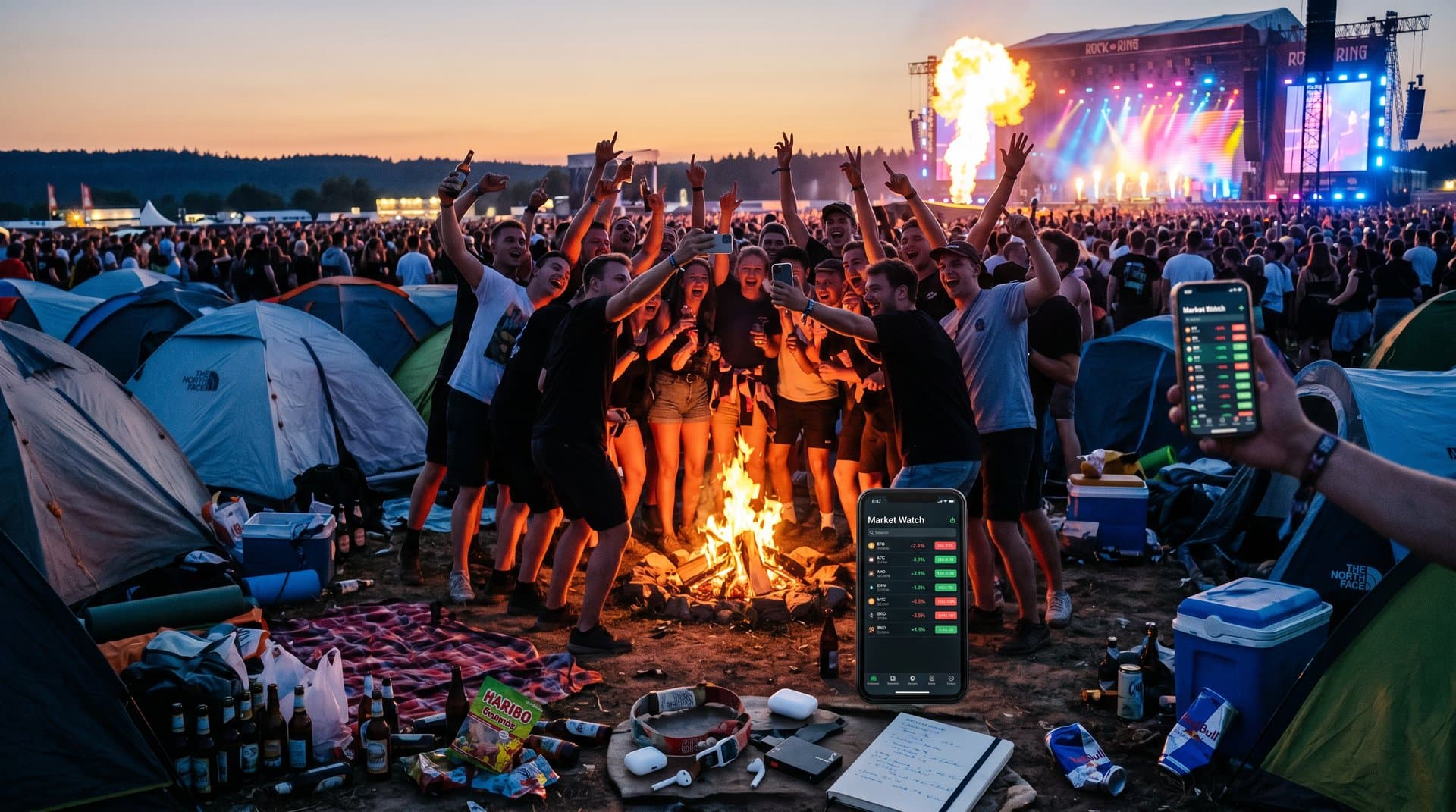 Freunde am Festival mit Crypto-Apps, BTC bei 76.254 USD und Fear & Greed Index sichtbar