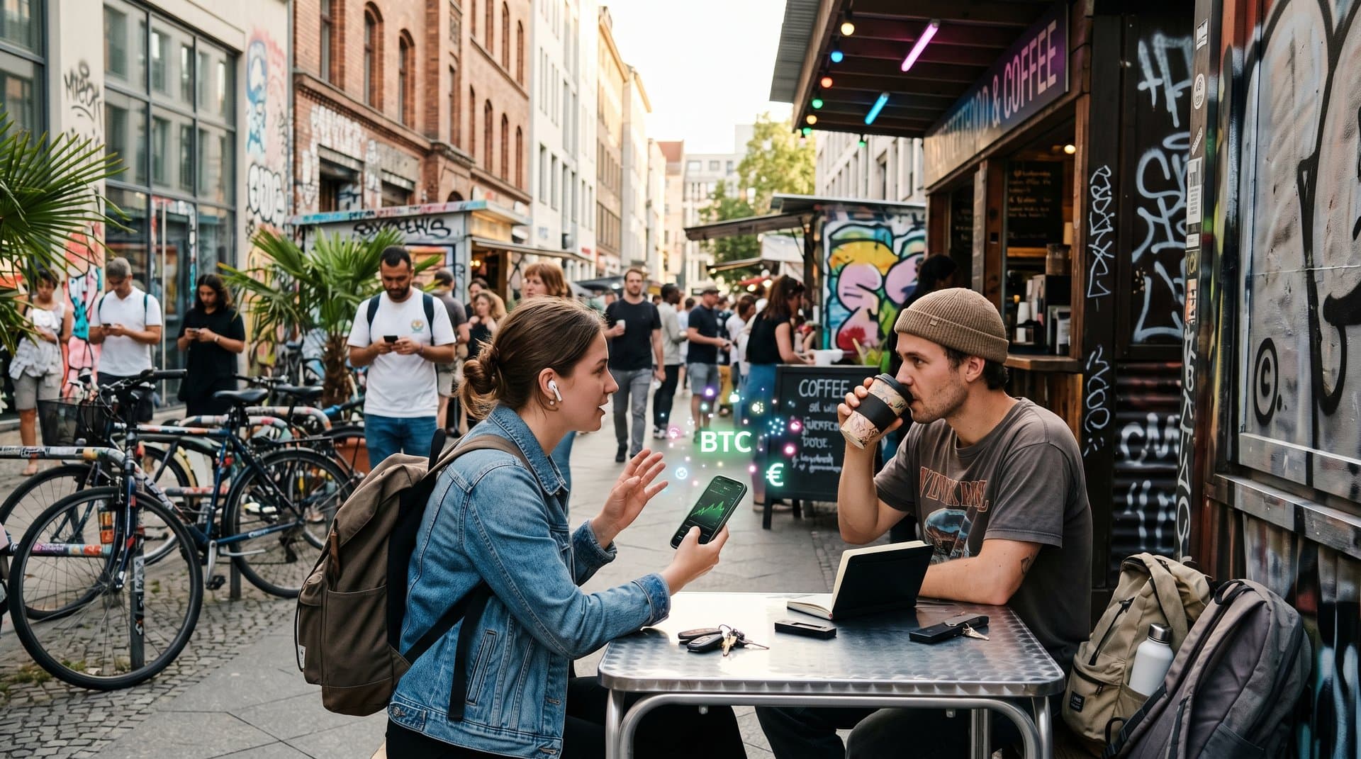 Berlin-Date-Szene: Wallet-App scannt Krypto-QR für Kaffee, BTC-Chart, Travel-Rucksäcke und Social-Icons