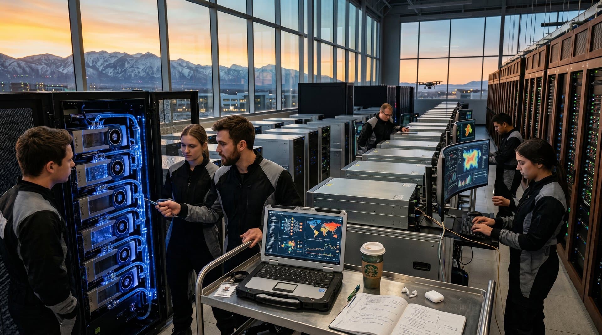Ingenieure in Utah Tier-IV-Datacenter umgeben von GPU-Servern, Kühlung und KI-Trainings-Monitoren