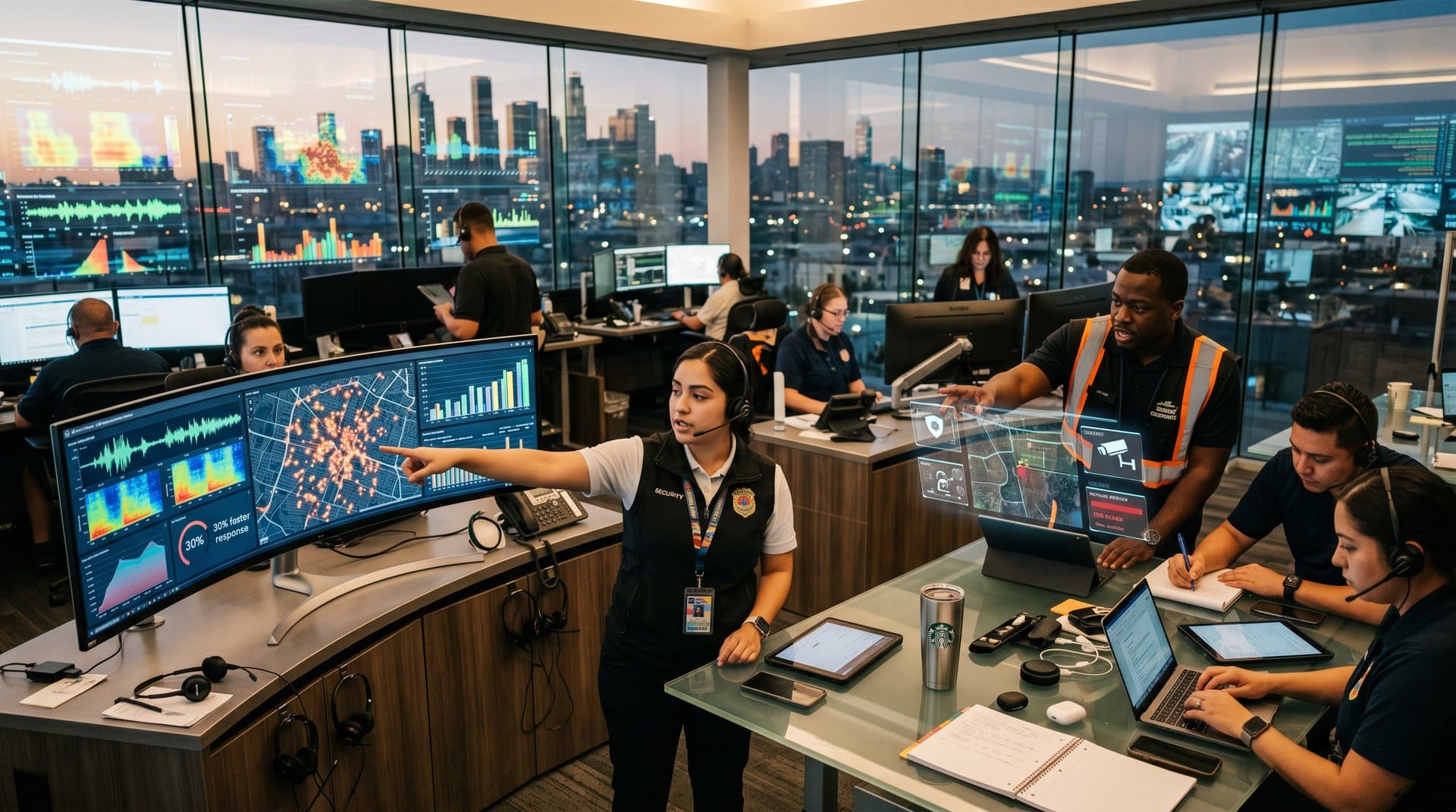 Dispatcher in modernem Notruf-Control-Room überwachen AI-Monitore mit Echtzeit-Karten und Incident-Feeds