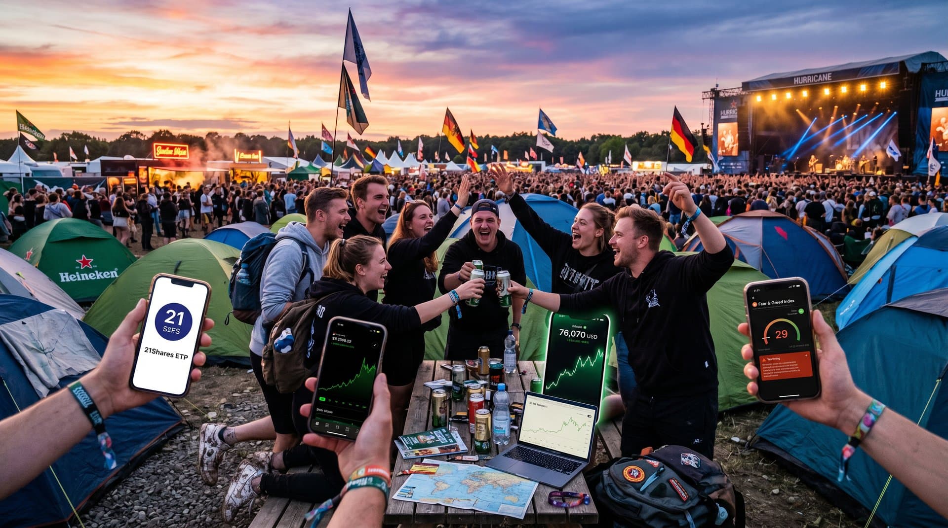 Freunde auf Festival mit Crypto-Apps und 21Shares-Kaiko-Preisen planen Trips