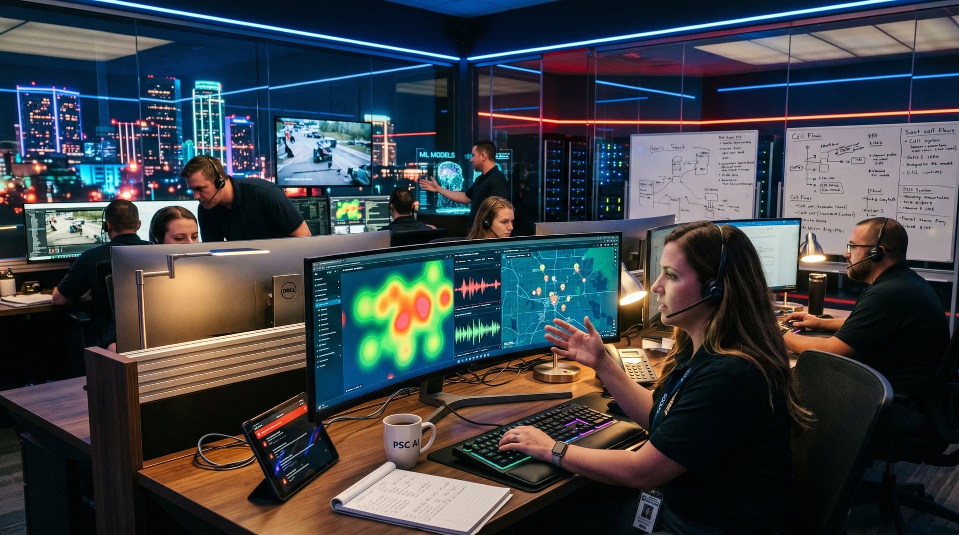 High-Tech-Notrufzentrale mit KI-Heatmaps, RapidSOS und Crypto-Charts