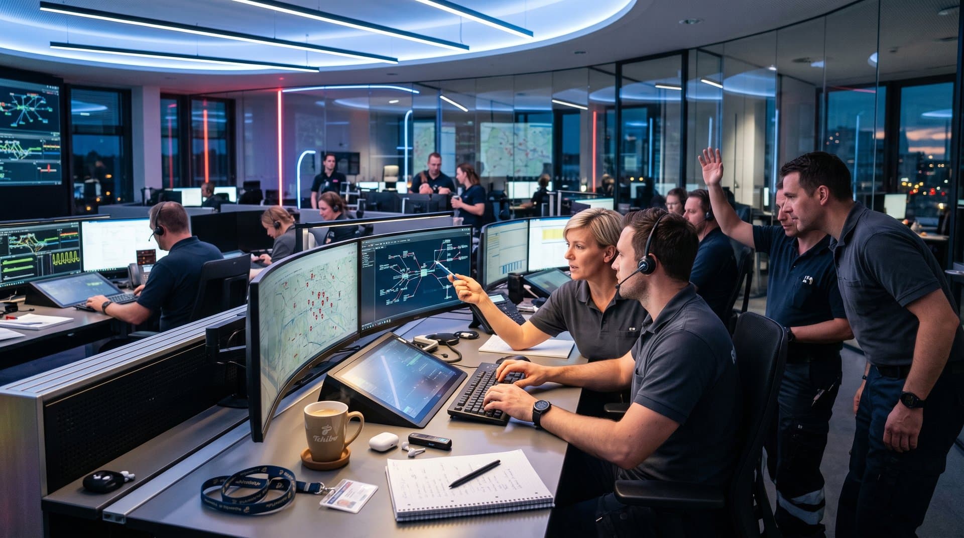 Operatoren in high-tech Notrufzentrale mit KI-Monitoren, Touchscreens und Servern bei Krisensimulation