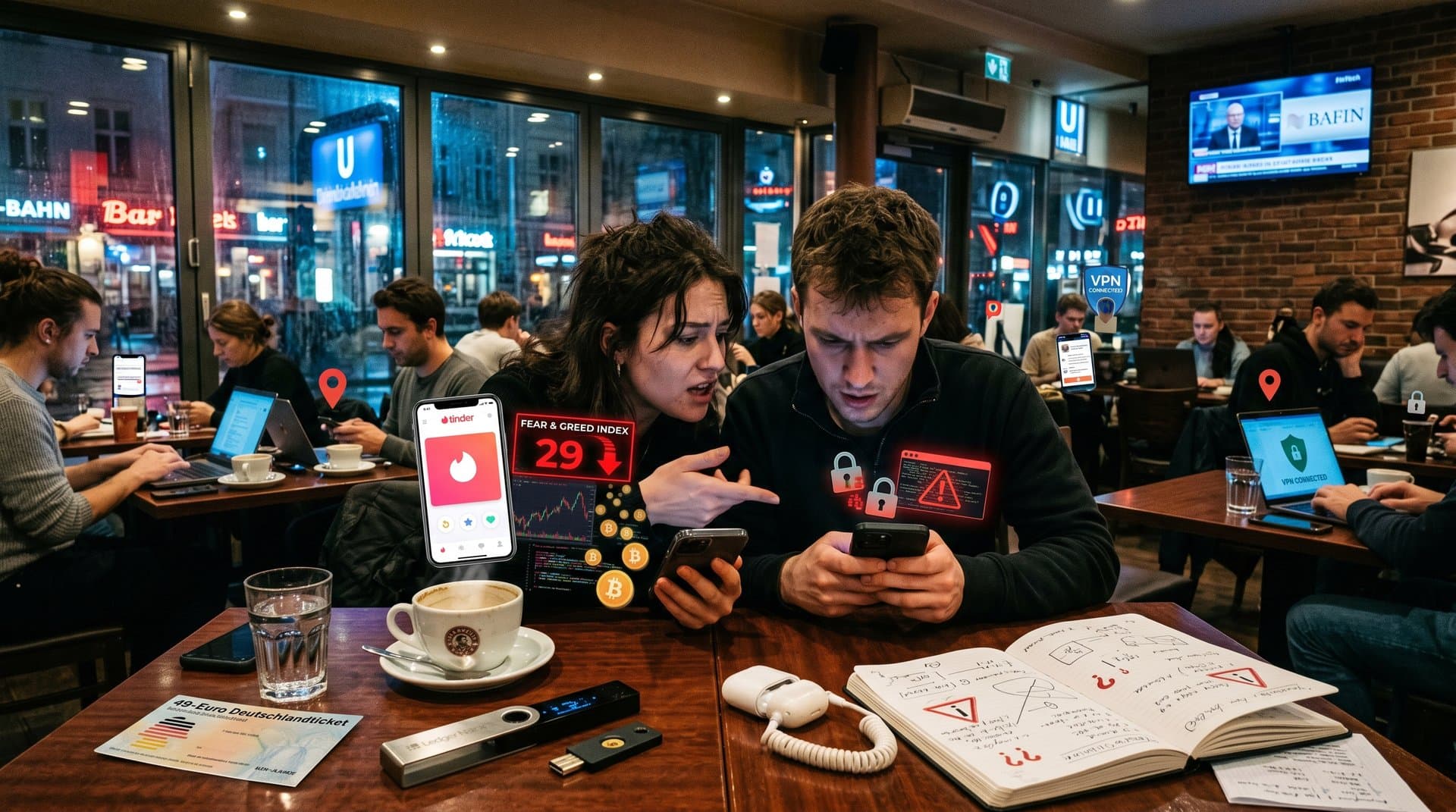 Cyberpunk-Szene mit Deepfakes auf Smartphones, Krypto-Wallets, Phishing-Codes und Charts für AI Super-Hacker-Bedrohung in Dating und Krypto.