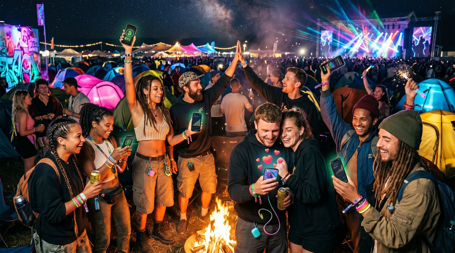 Junge Freunde auf Festival mit Bitcoin-Wallets und Crypto-Dates