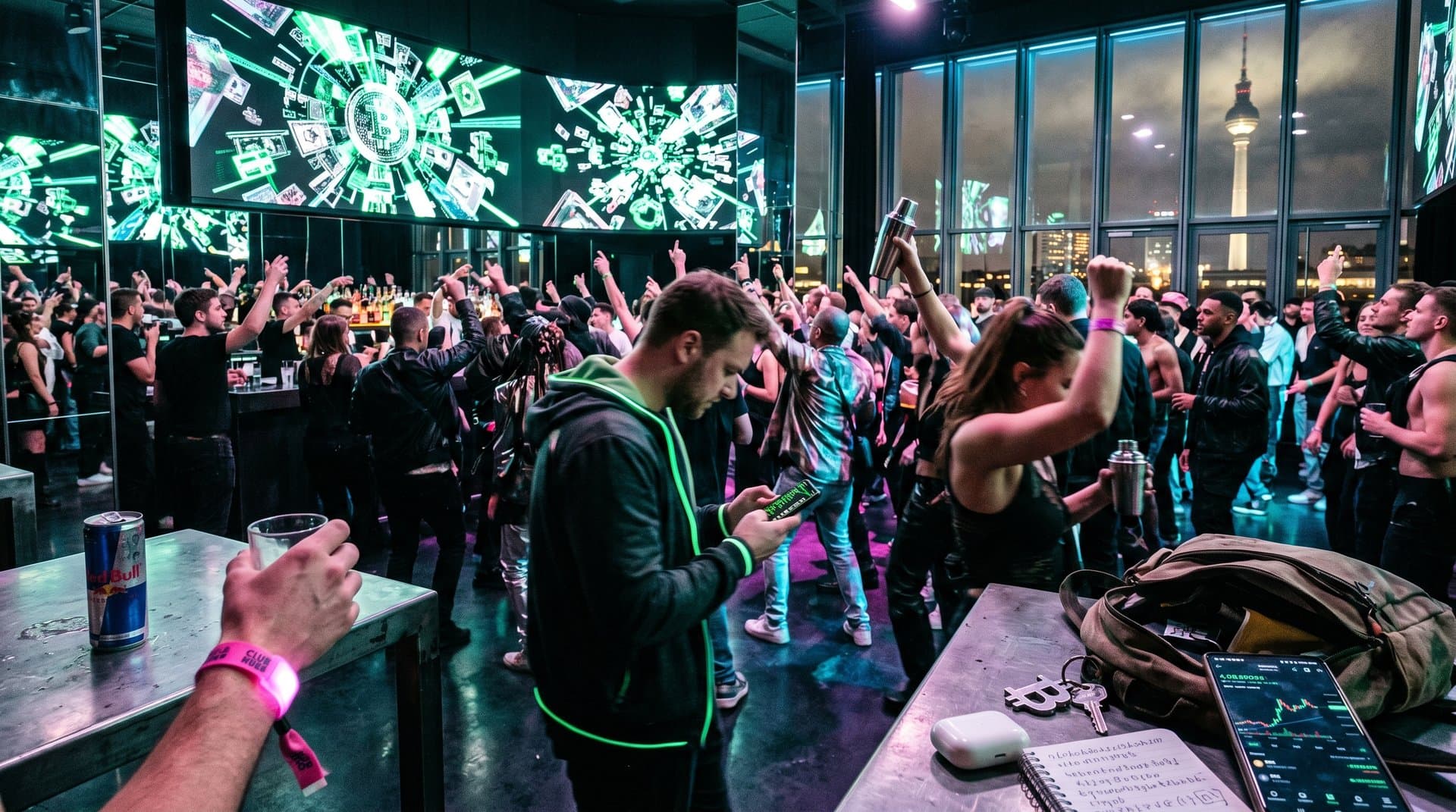 Junge Leute feiern in Berlin-Club mit Crypto-Apps und Surge-Charts, Neonlichter, Cocktails und Skyline