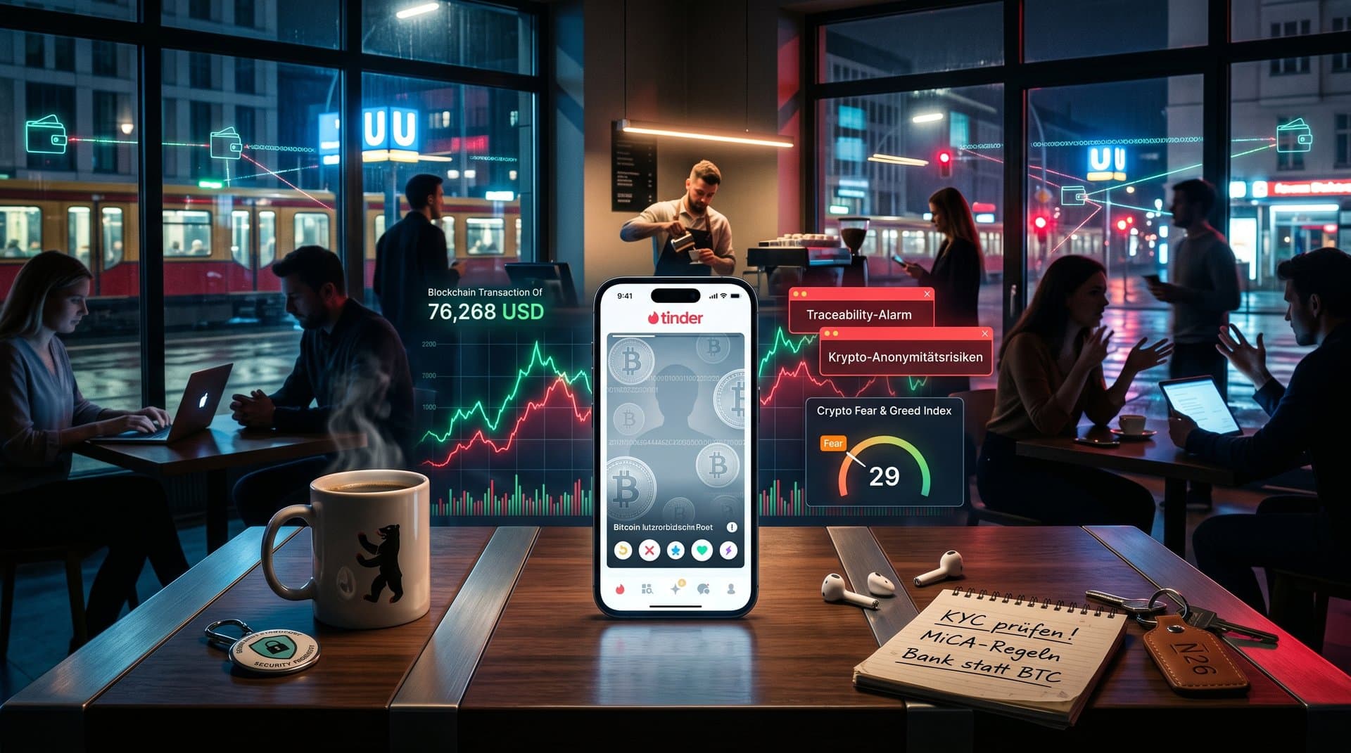 Smartphone mit Dating-App, Krypto-Charts und Blockchain-Warnungen auf Café-Tisch in urbaner Berliner Szene
