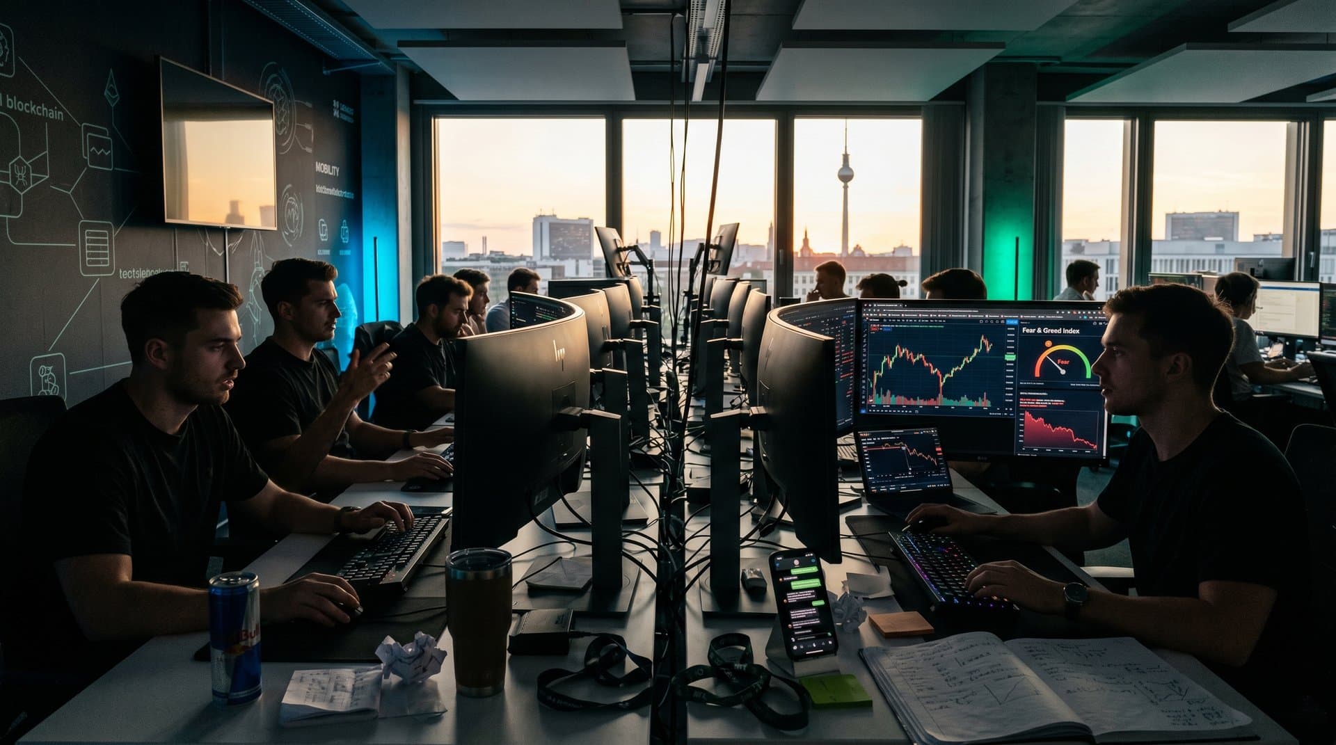 Junge Trader analysieren Bitcoin-Charts bei 76.267 USD und Fear & Greed 29 in modernem Trading-Raum