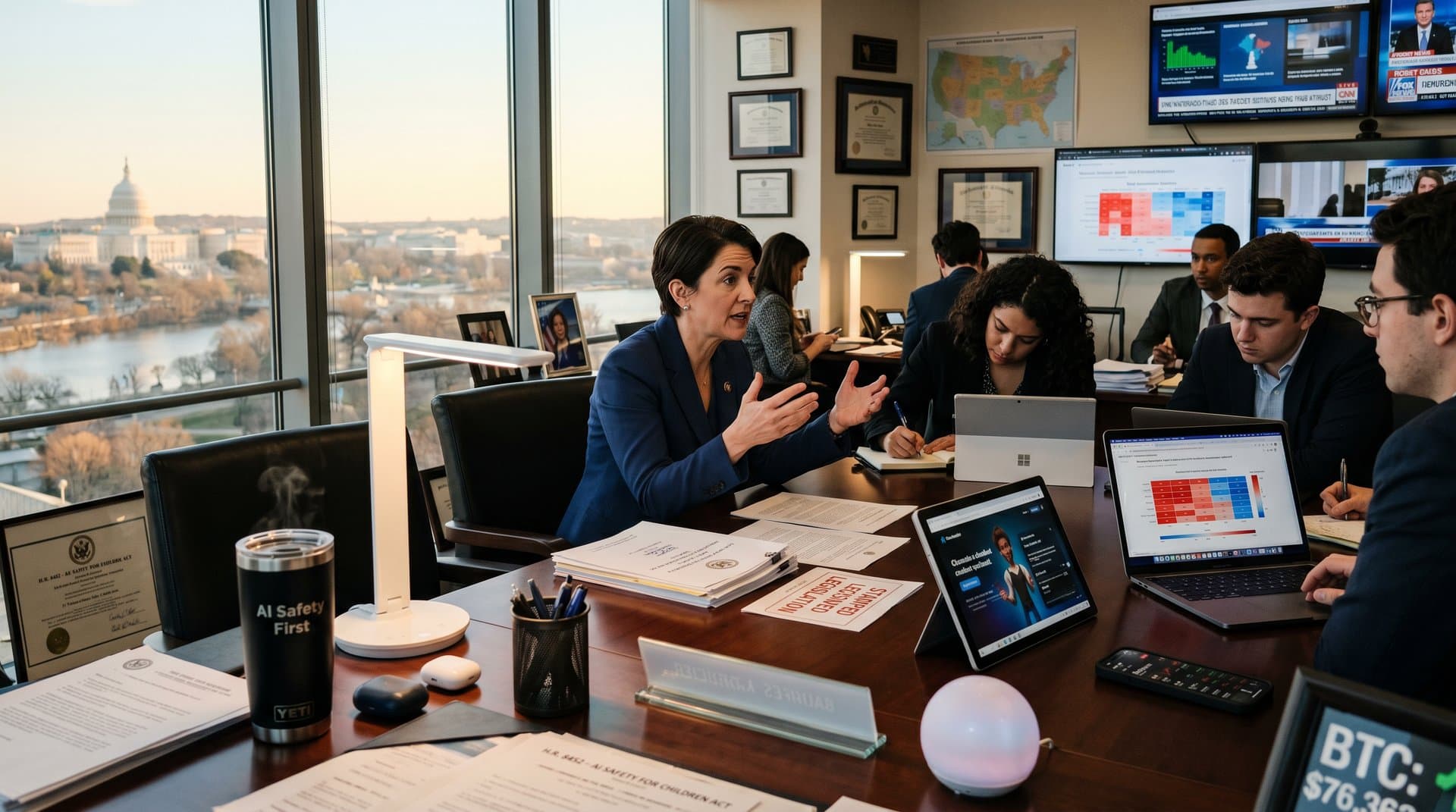 US-Kongressbüro mit KI-Chatbot-Dokumenten, Crypto-Charts und Tech-Visuals vor Washington Skyline