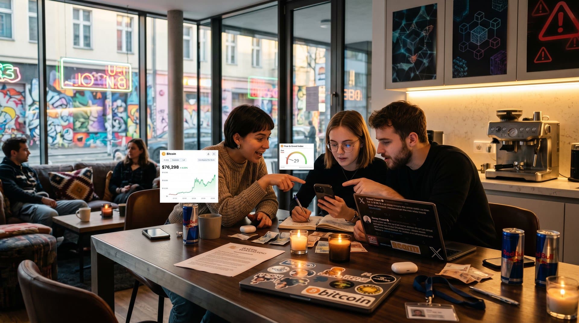Berliner WG-Küche mit Crypto-Apps auf Smartphones, BTC-Chart 76.298 USD, Fear 29 und Musk-Tweet auf Laptop