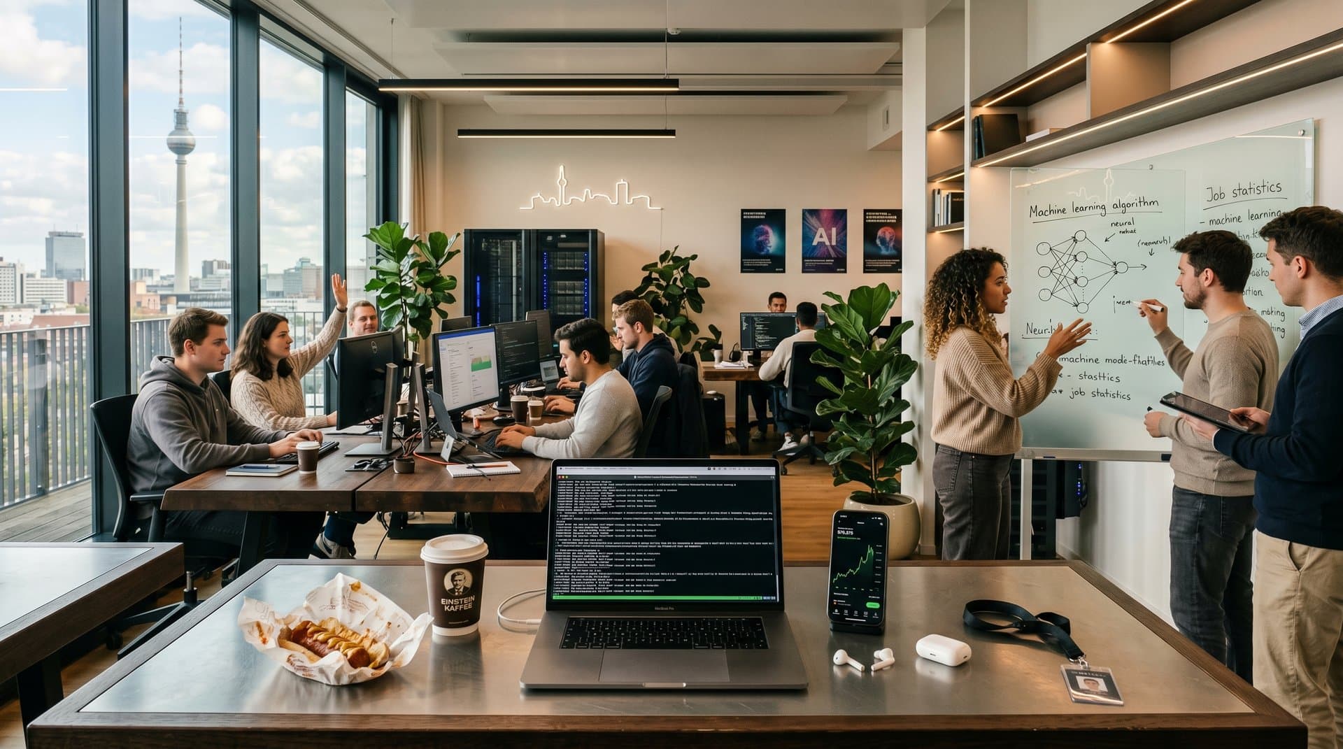 Abstrakte Szene in Berliner AI-Co-Working mit Laptop-Code, BTC-Chart, Whiteboard und Tech-Atmosphäre