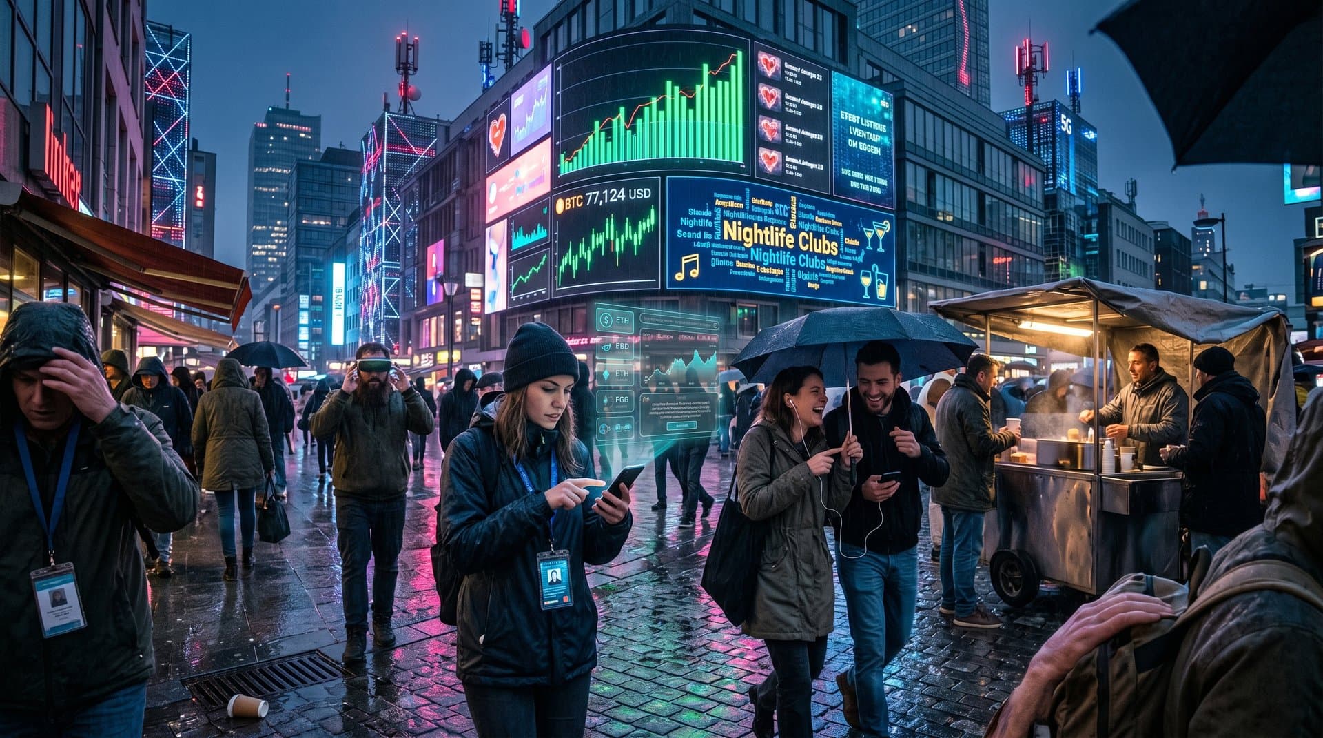 Dynamisches KI-OOH-Billboard in Berlin wechselt zu BTC 77k, Dating-Events und Nightlife-Ads in neonbeleuchteter Straße