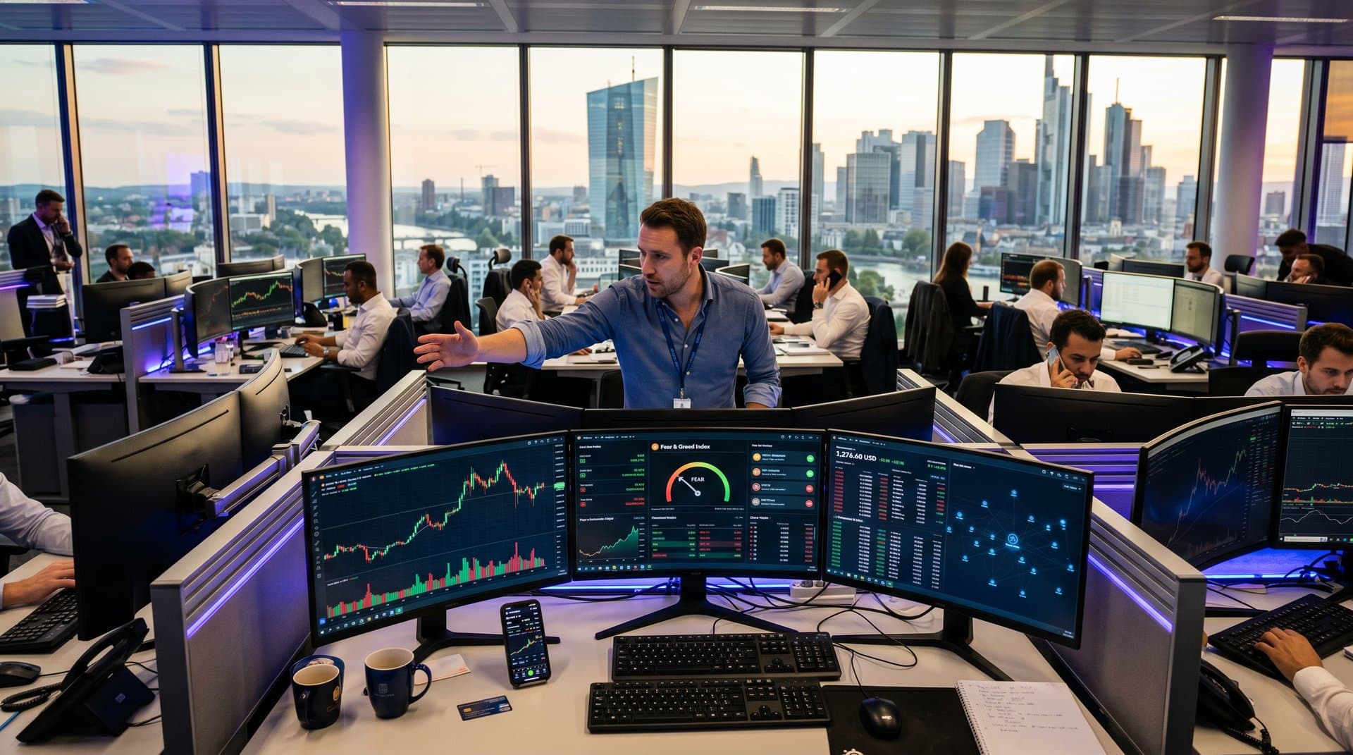 Krypto-Charts mit BTC bei 76.987 USD, Fear & Greed 26, MiCA und Trading-Setup in Frankfurt