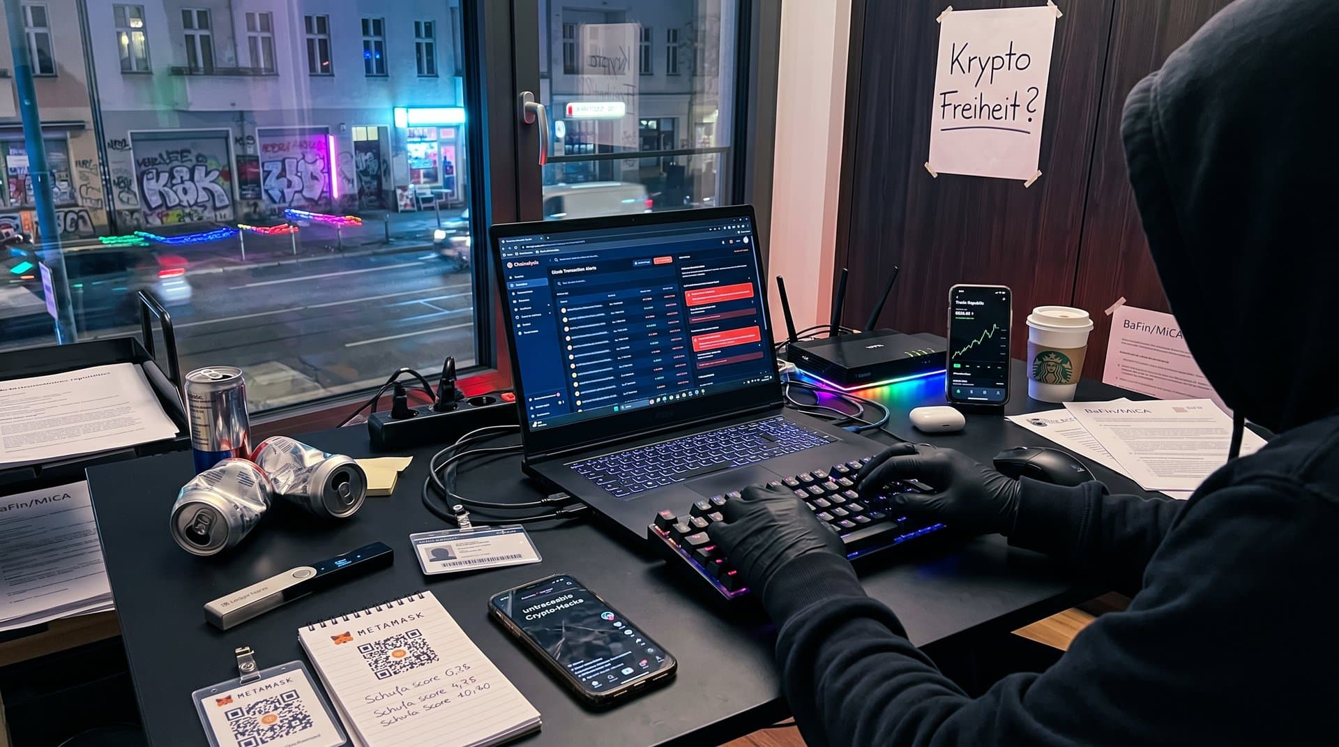 Dark-Web-Tracker auf Laptop mit Bitcoin-Charts, Warnungen und Krypto-Tipps für junge Nutzer