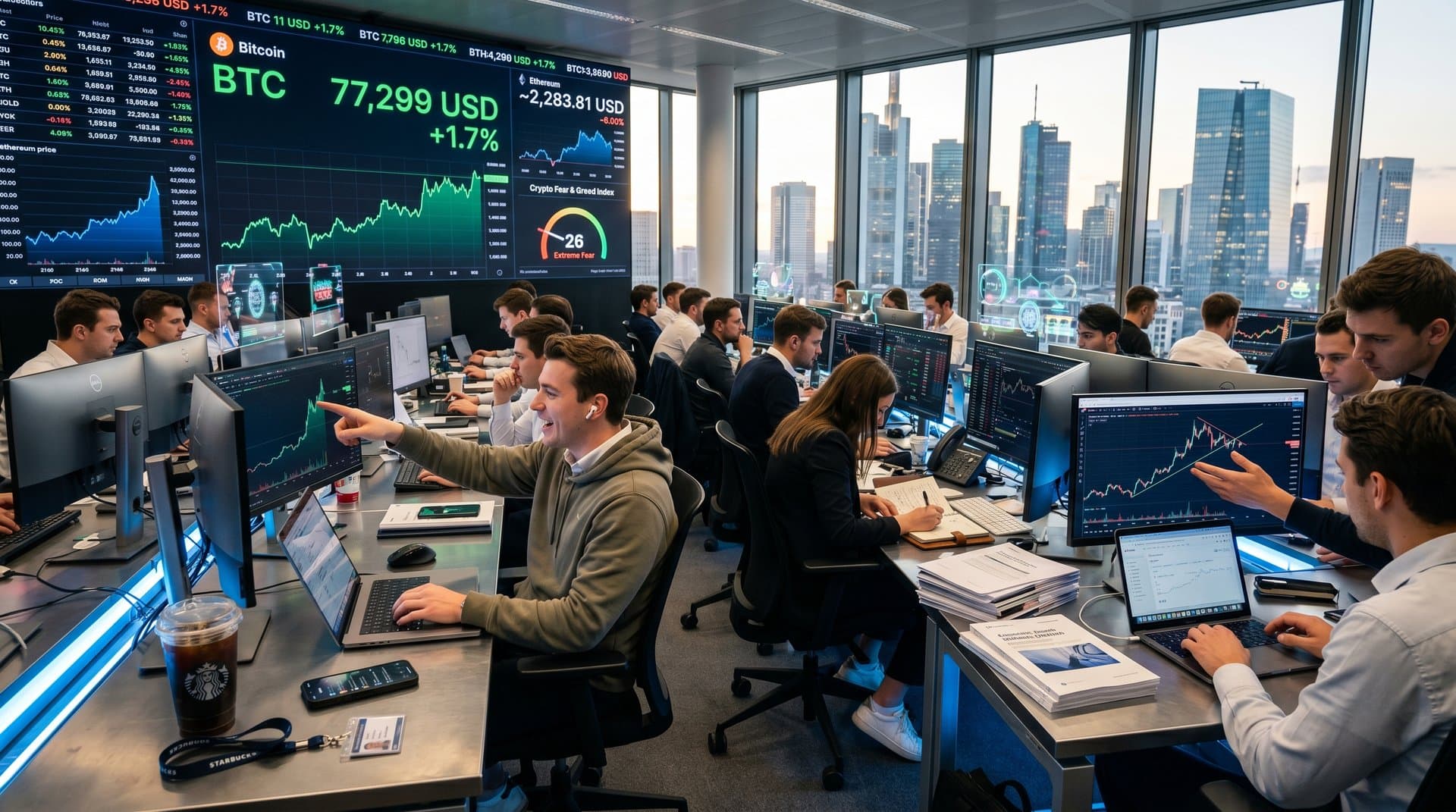 Trading-Floor mit Crypto-Charts, Bitcoin 77k USD, Fear & Greed 26, junge Analysten in Bankumgebung