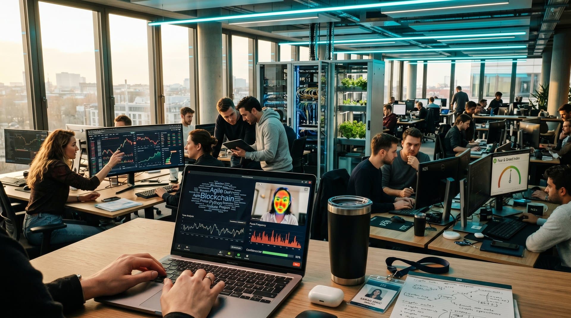 Junger Tech-Bewerber vor KI-Interview mit Analyse-Overlay in Fintech-Büro, Crypto-Charts im Hintergrund