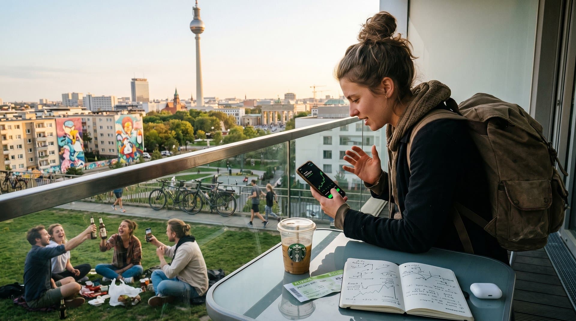 Backpackerin checkt Krypto-App mit Bitcoin-Chart vor Berliner Skyline, Freunde im Hintergrund