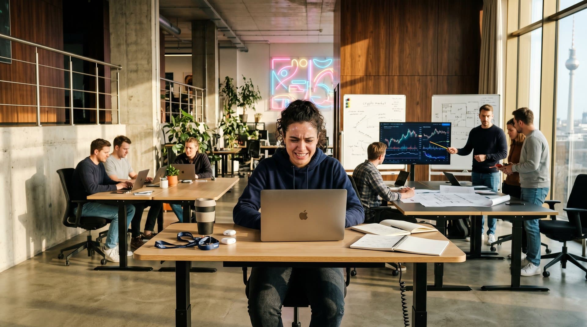 Junge Bewerberin übt KI-Interview in Berliner Startup-Büro mit Crypto-Charts und Team im Hintergrund
