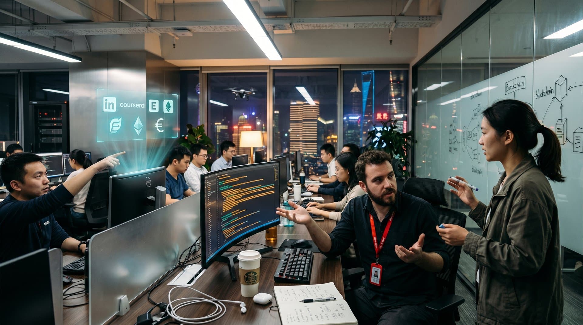 Futuristisches Tech-Büro mit KI-Code auf Monitor und leerem Arbeitsplatz, Shanghai-Skyline im Hintergrund