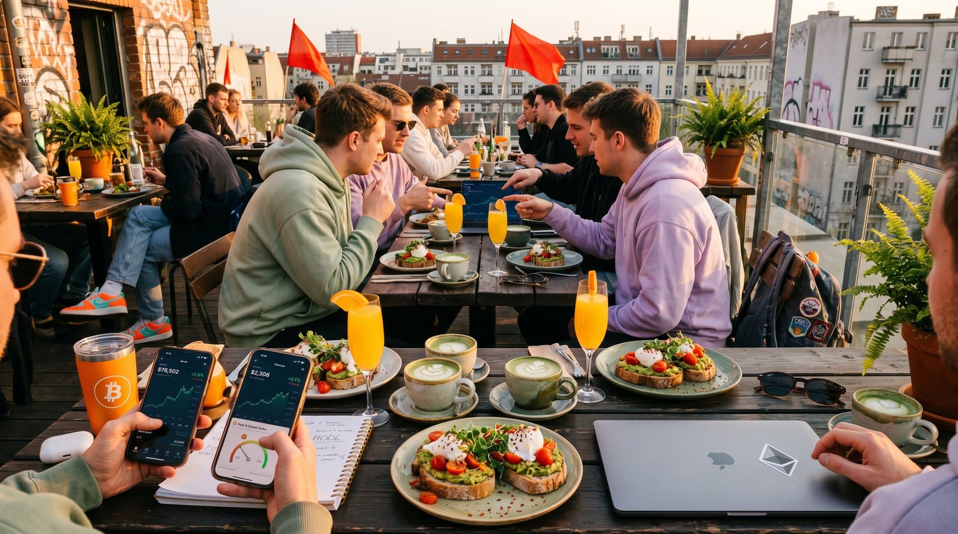 Junge Leute beim Brunch checken Bitcoin- und Ethereum-Preise auf Phones, May Day Vibes in Berlin mit Toast und Mimosa