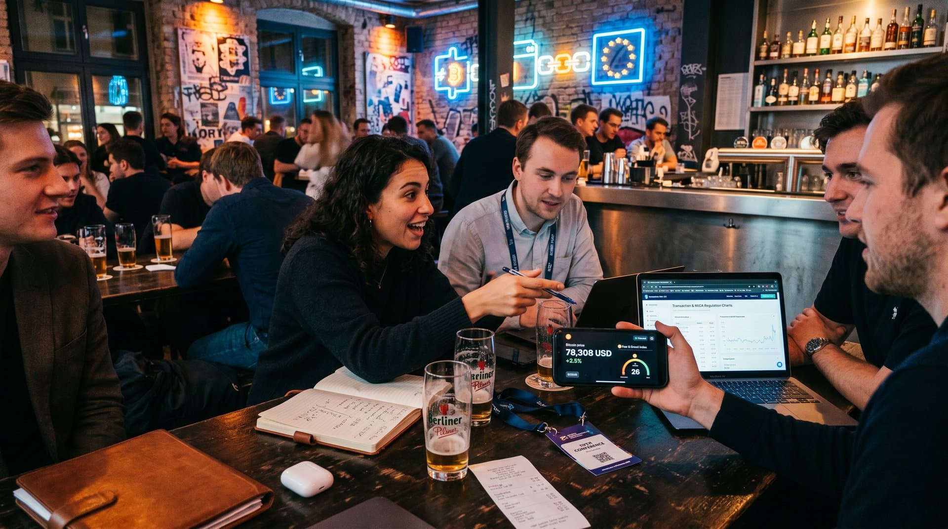 Smartphones in Berliner Bar zeigen Crypto-Charts und BBC-News zu Restore Britain Crypto-Spenden, Biergläser, Laptops mit Blockchain-Grafiken
