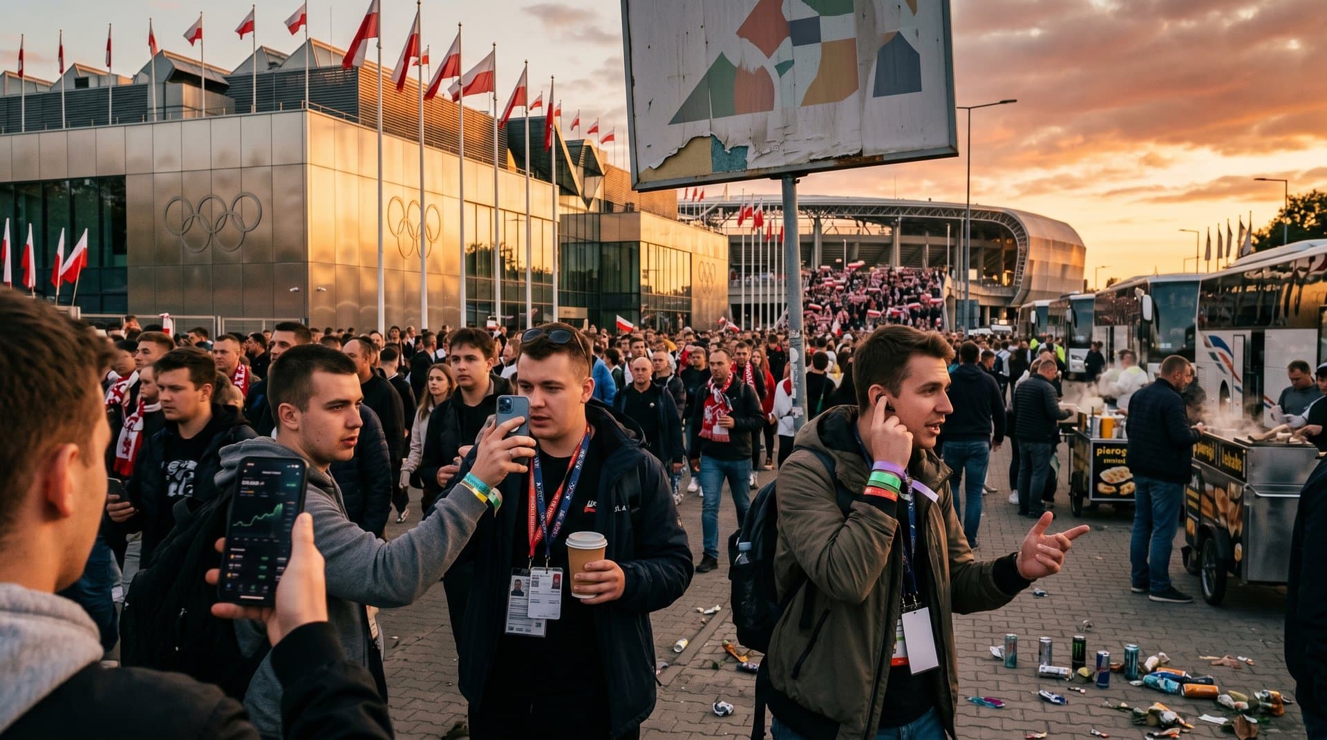 Polnisches Olympiazentrum mit verblasstem Zondacrypto-Logo, Sportreise-Vibes und Crypto-Apps