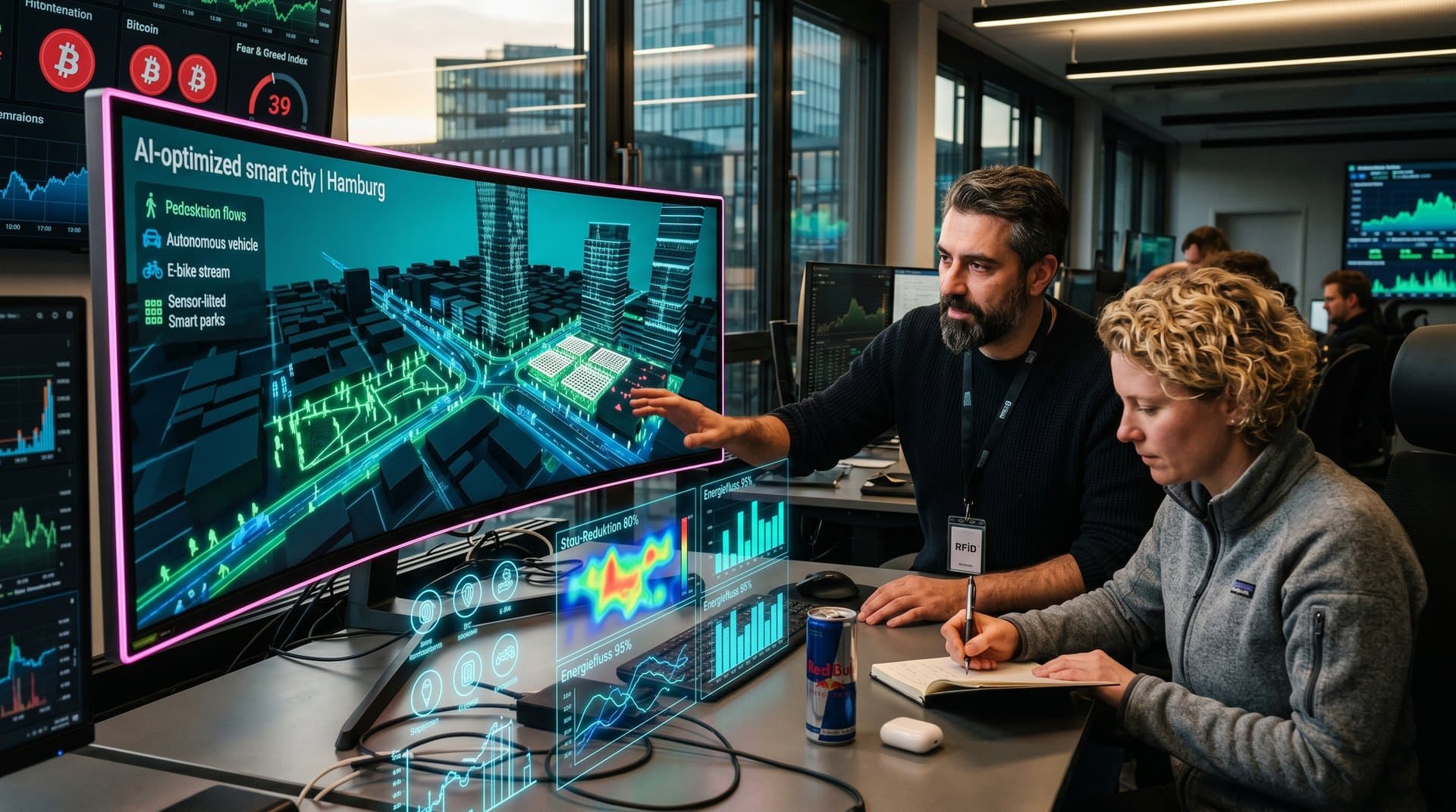 3D-Simulation AI-optimierter deutscher Stadt mit Fußgängerflows, smarte Zonen und Datenvisualisierungen auf Monitor