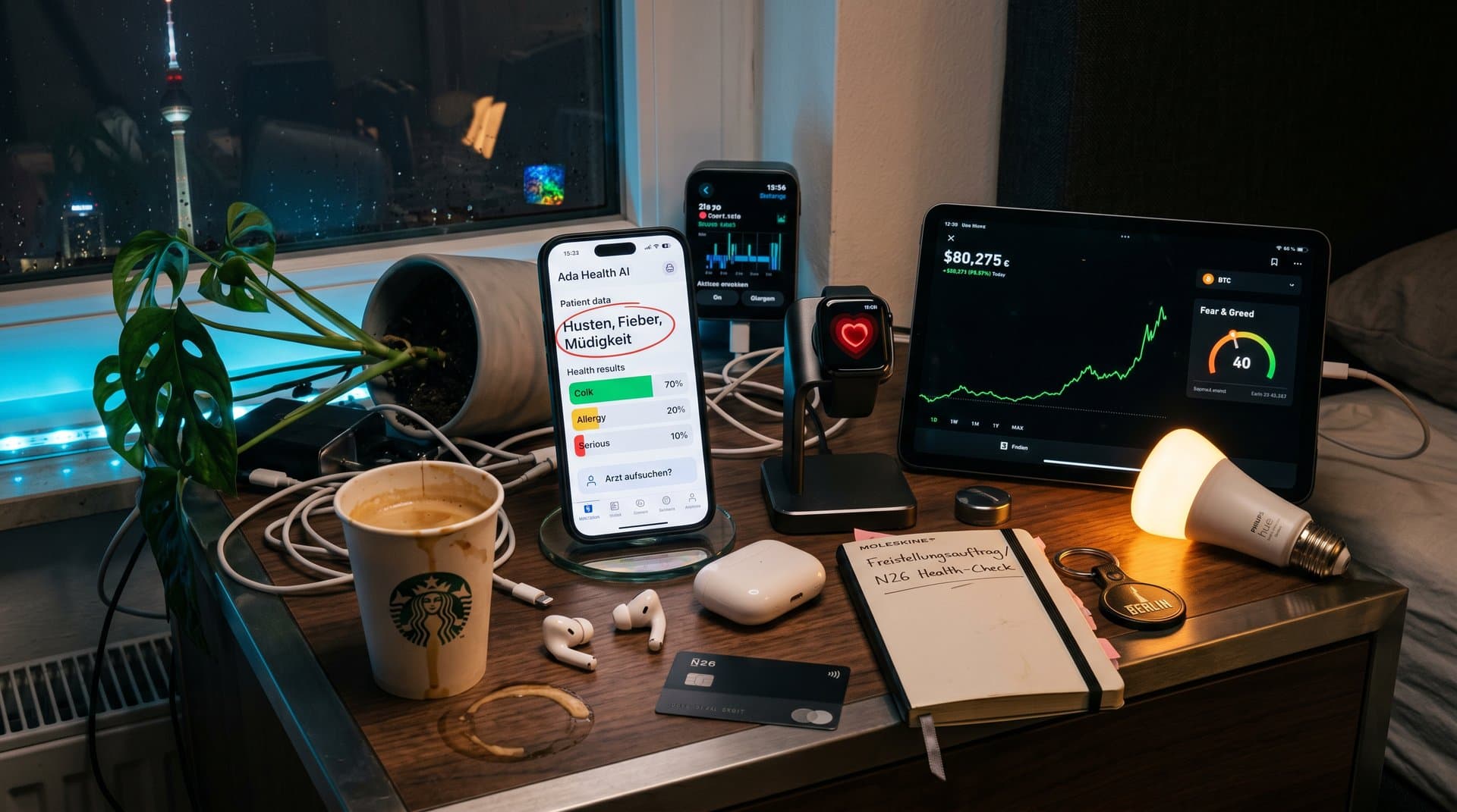Smartphone mit AI-Diagnostik-App und Krypto-Chart für jungen Tech-Lifestyle