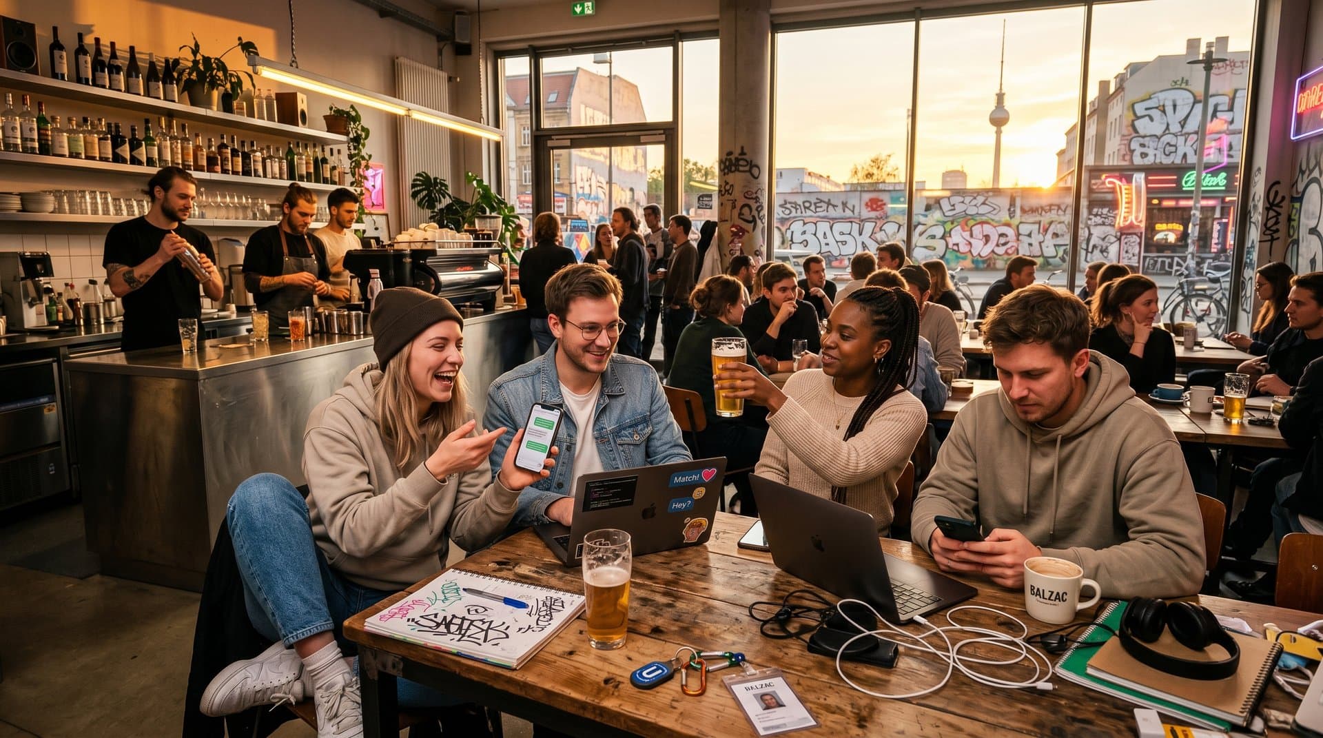 Junge Deutsche in Café mit AI-Chat-Bubbles für Dating und Freundschaften, Berliner Street-Art-Hintergrund