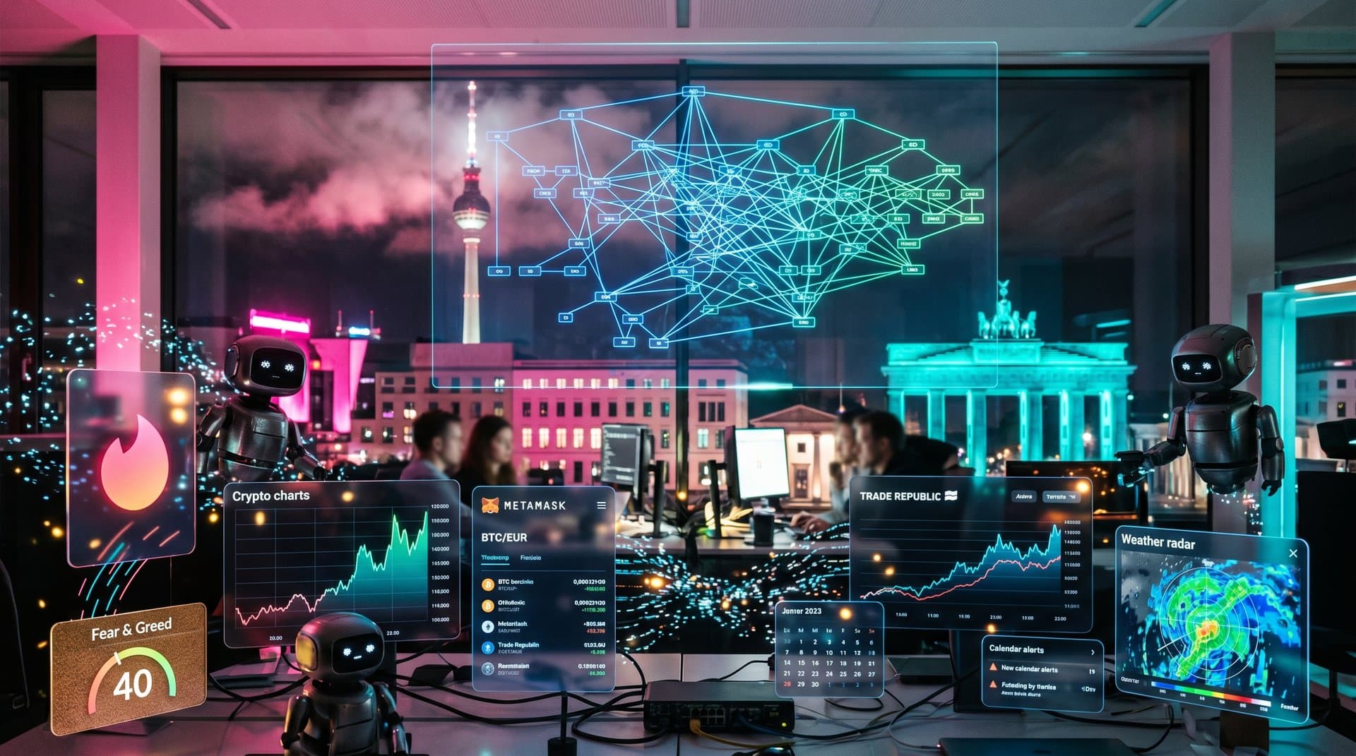 Abstraktes KI-Netzwerk mit Entscheidungsbäumen über Berliner Skyline, Crypto-Charts und App-Icons