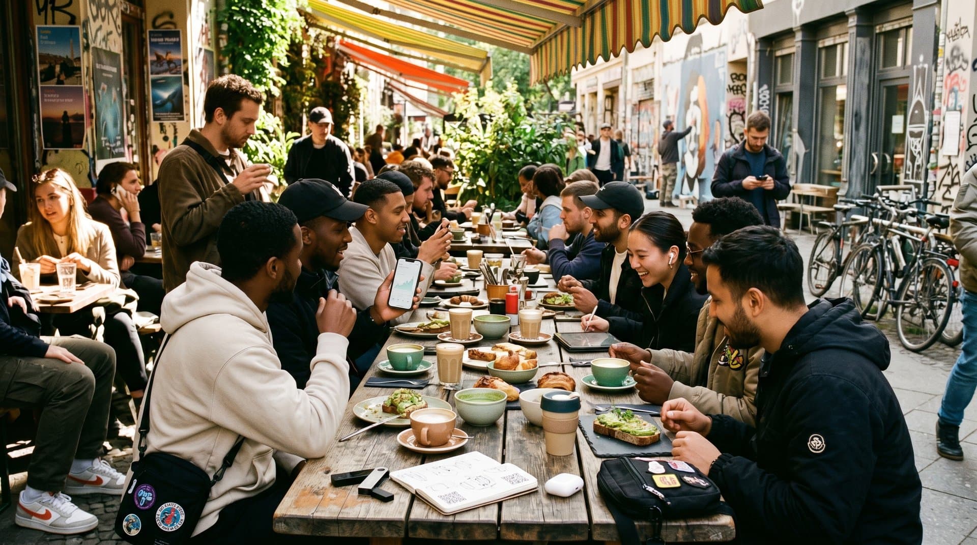Junge Deutsche beim Blockchain-Brunch in Kreuzberg mit Crypto-Apps und Reiseplänen