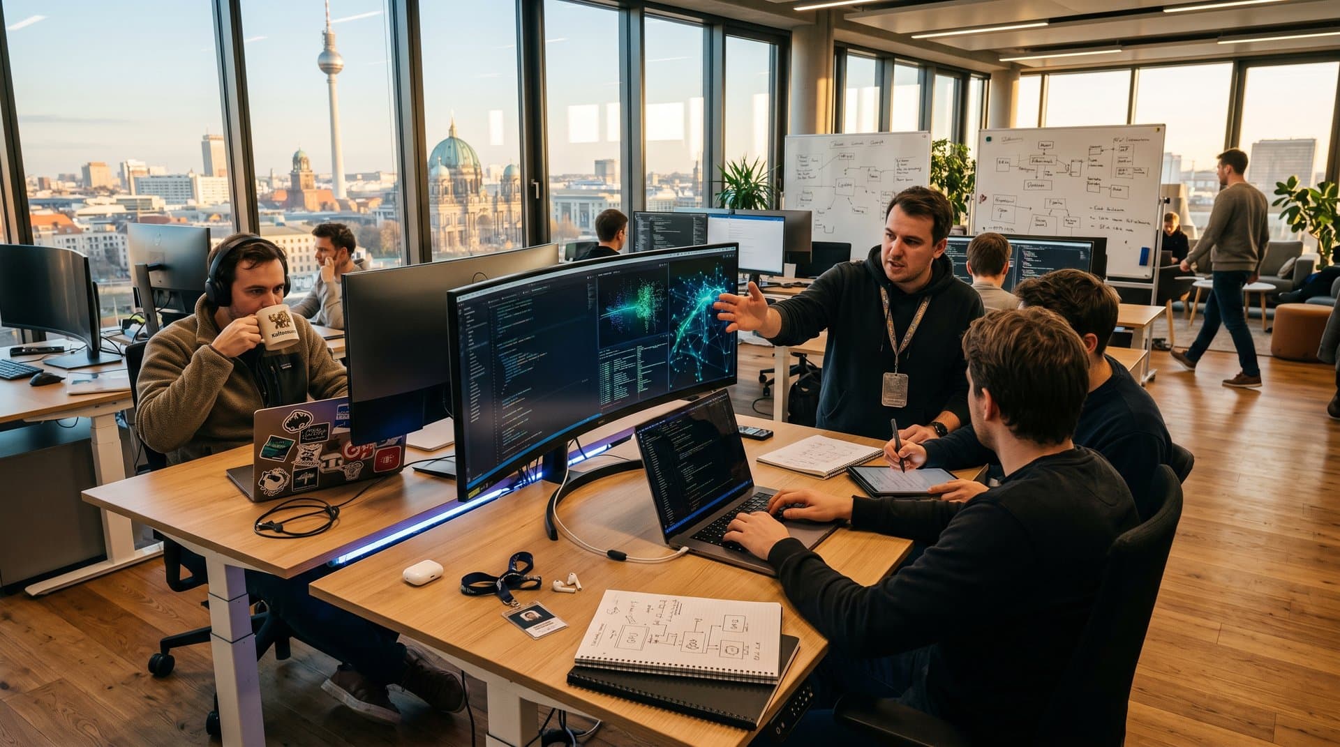 Futuristisches Tech-Büro mit KI-Code, neuronalen Netzen und Enterprise-Innovationsszene