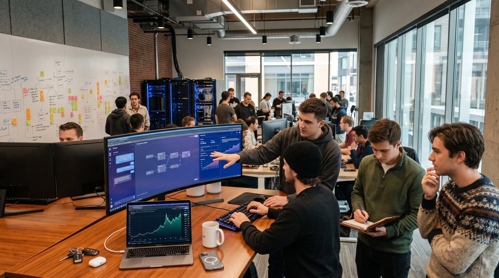 Tech-Team analysiert Sierra AI Agent-Interfaces für Dating und Freundschaften in modernem Büro