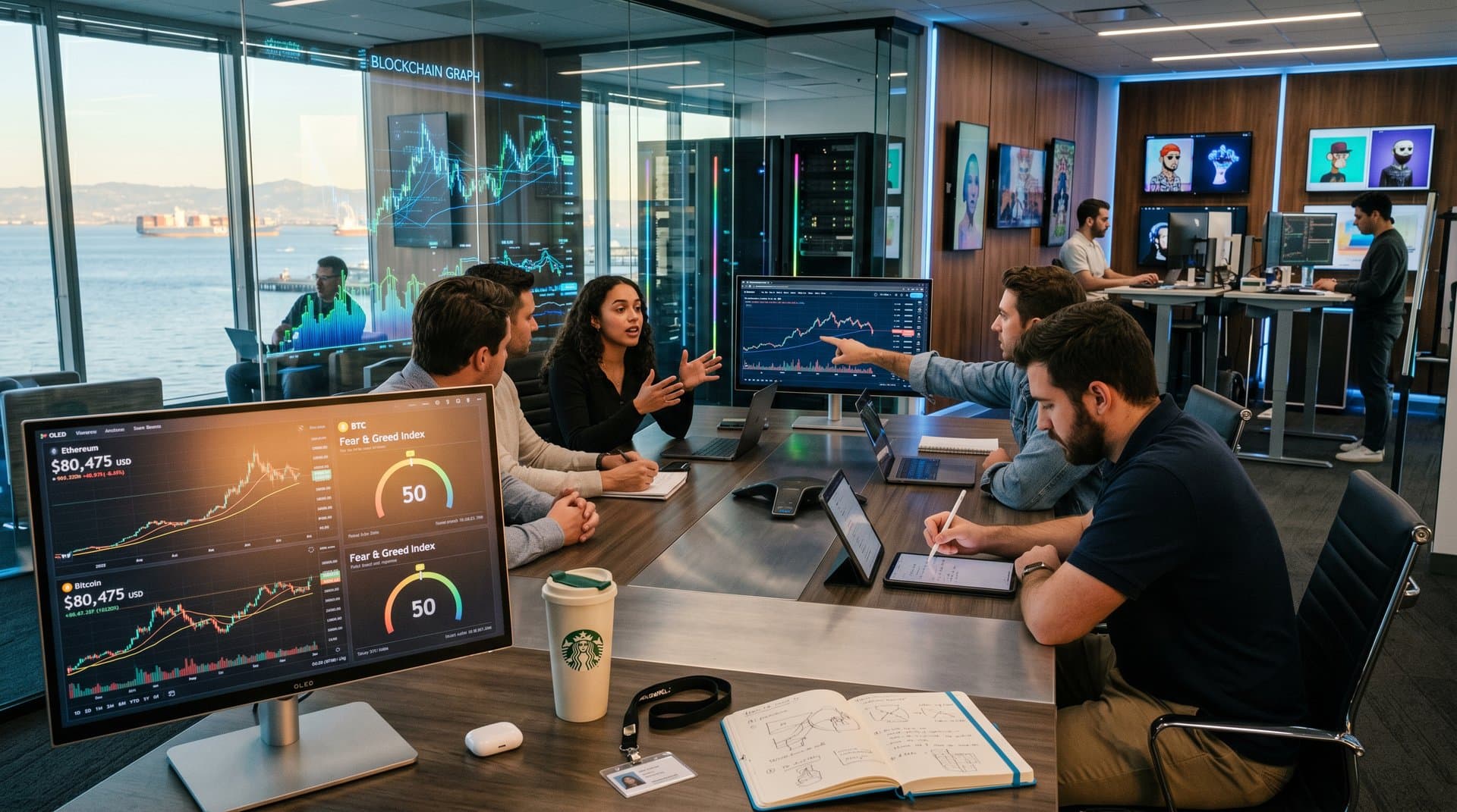 Modernes VC-Büro mit Crypto-Charts, BTC bei 80k USD, Blockchain-Visuals und inspirierender Community-Atmosphäre