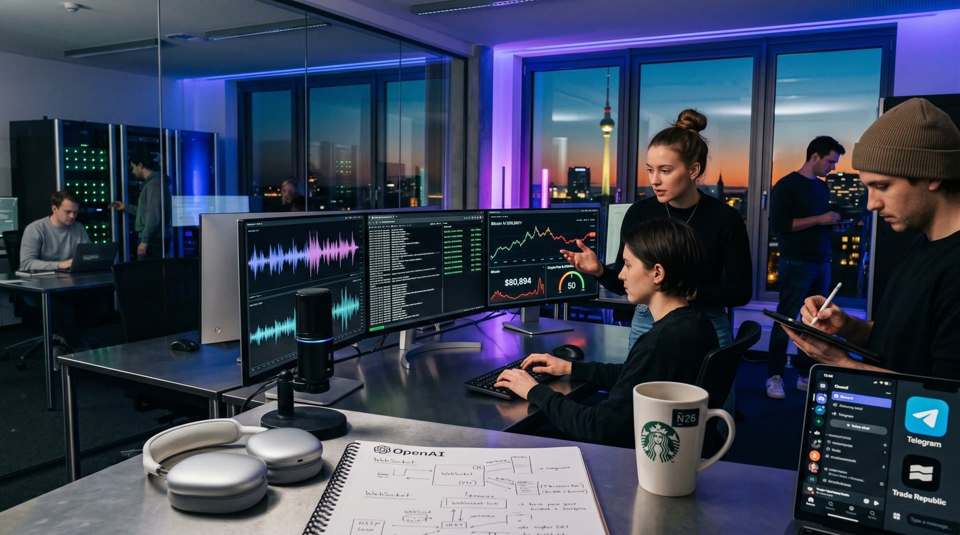 Cyberpunk Tech-Lab mit Voice-AI-Wellen, Crypto-Charts, Earbuds und Entwickler-Silhouetten