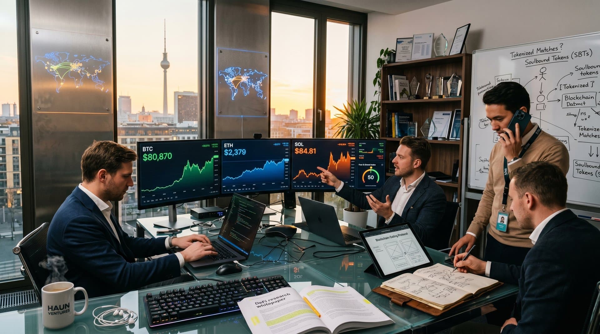 Futuristisches VC-Büro mit Crypto-Charts, Blockchain-Motiven und Startup-Tools