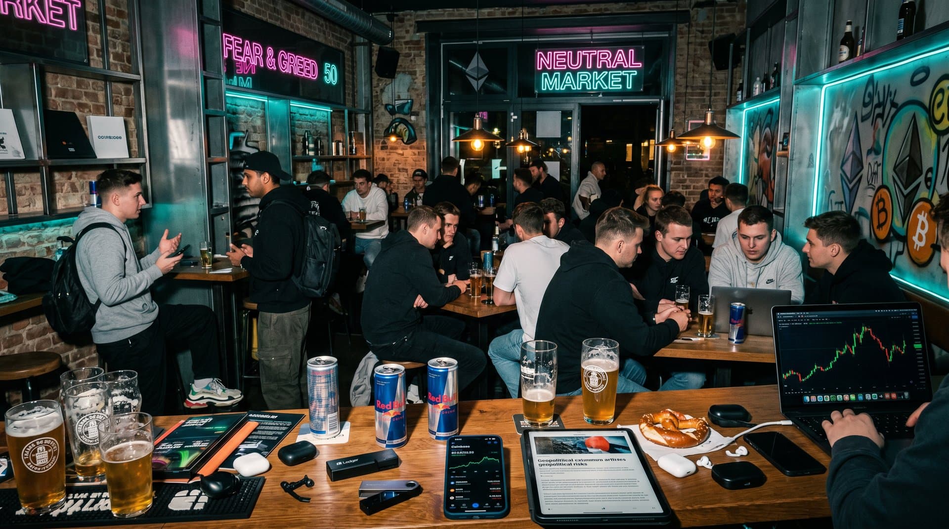 Berliner Crypto-Bar mit jungen Leuten, BTC-Charts und Fear & Greed bei 50 auf Screens