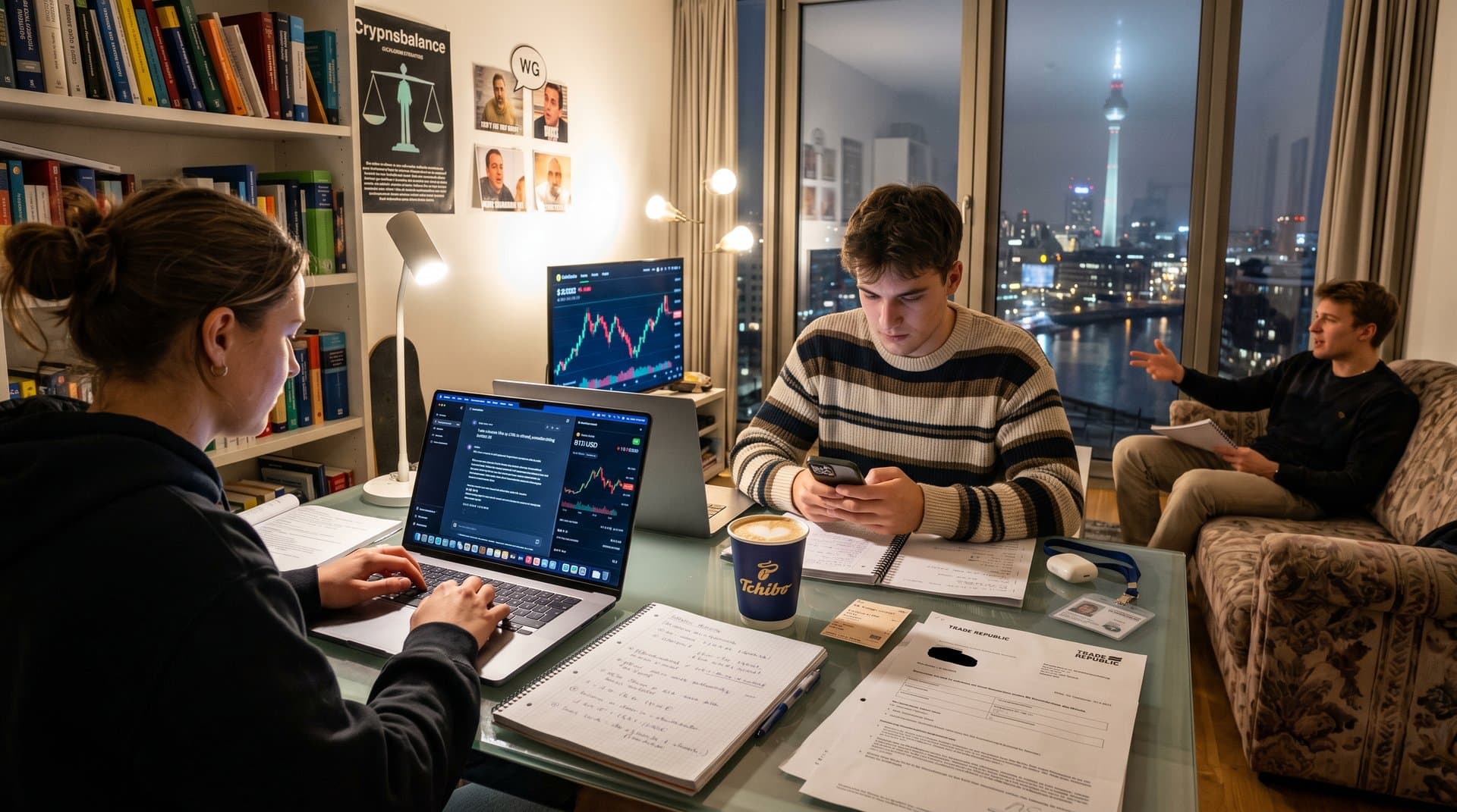 Studenten-Setup mit KI-Coaching-App auf Laptop und Crypto-Chart auf Smartphone