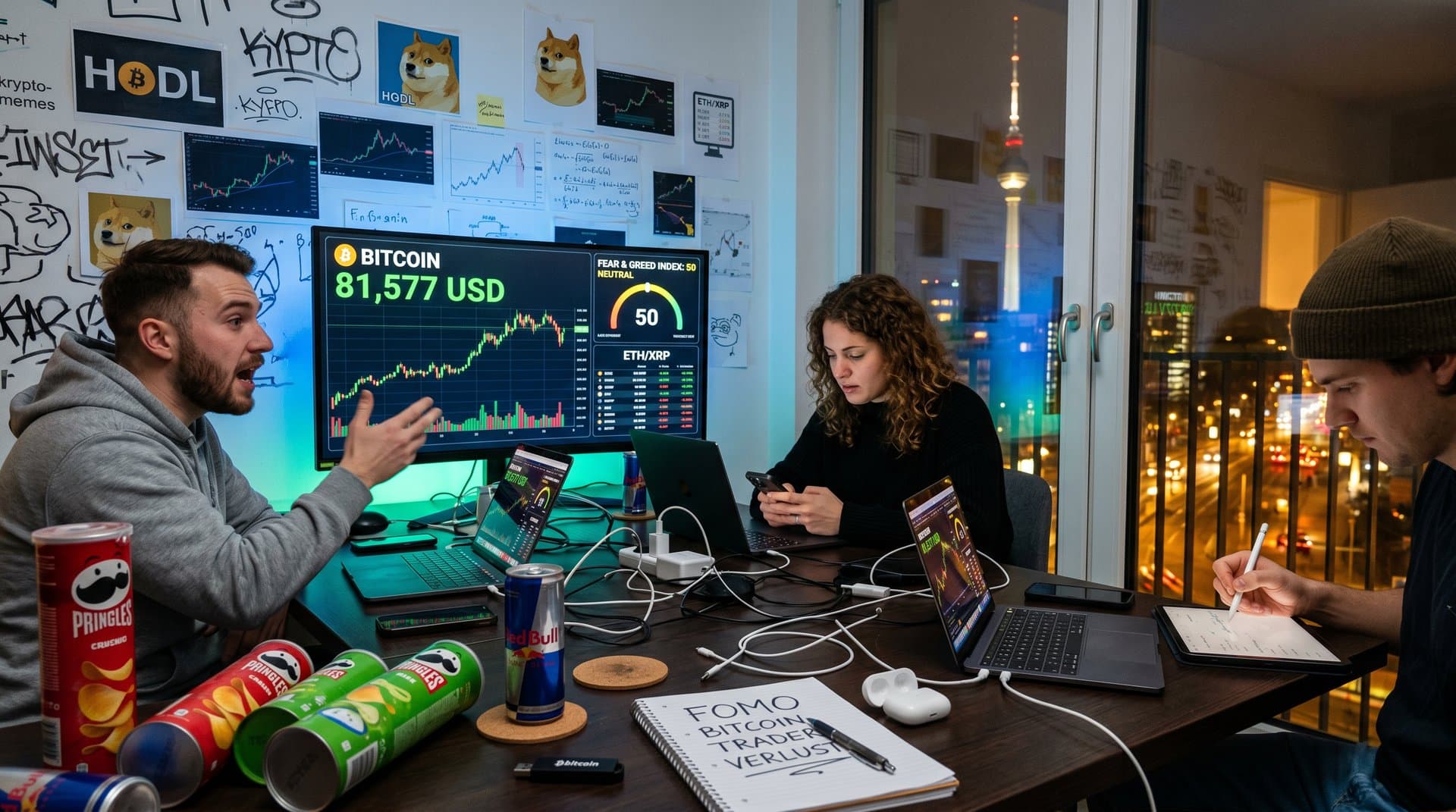 Berliner WG mit Krypto-Charts auf Laptops, BTC bei 81.577 USD und FOMO-Memes in Kreuzberg